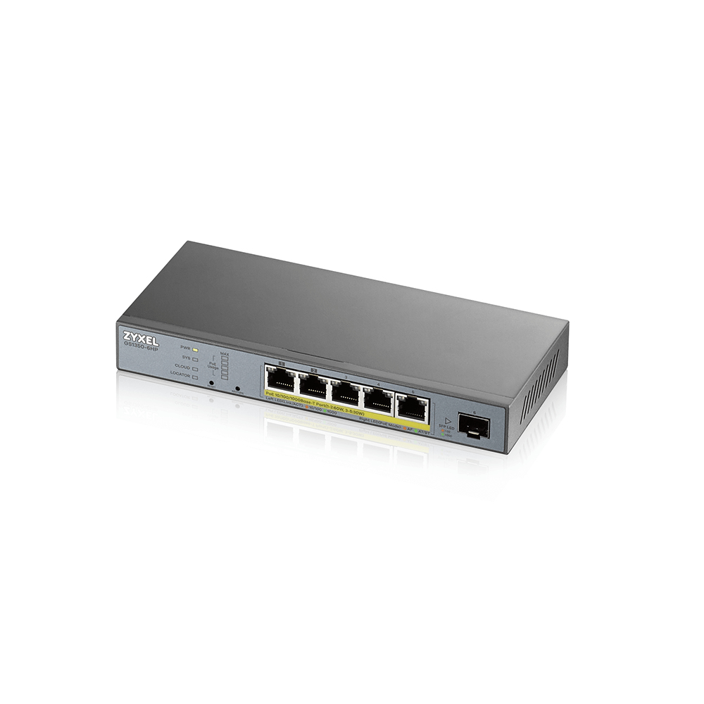 Switch di rete Zyxel grigio. Sfondo bianco.
