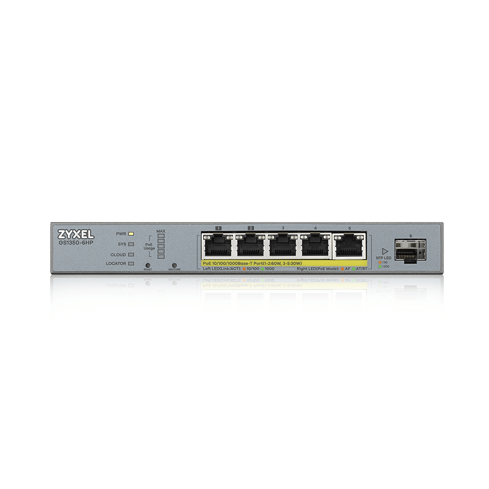 Switch Zyxel grigio con porte e indicatori. Lo sfondo è bianco.