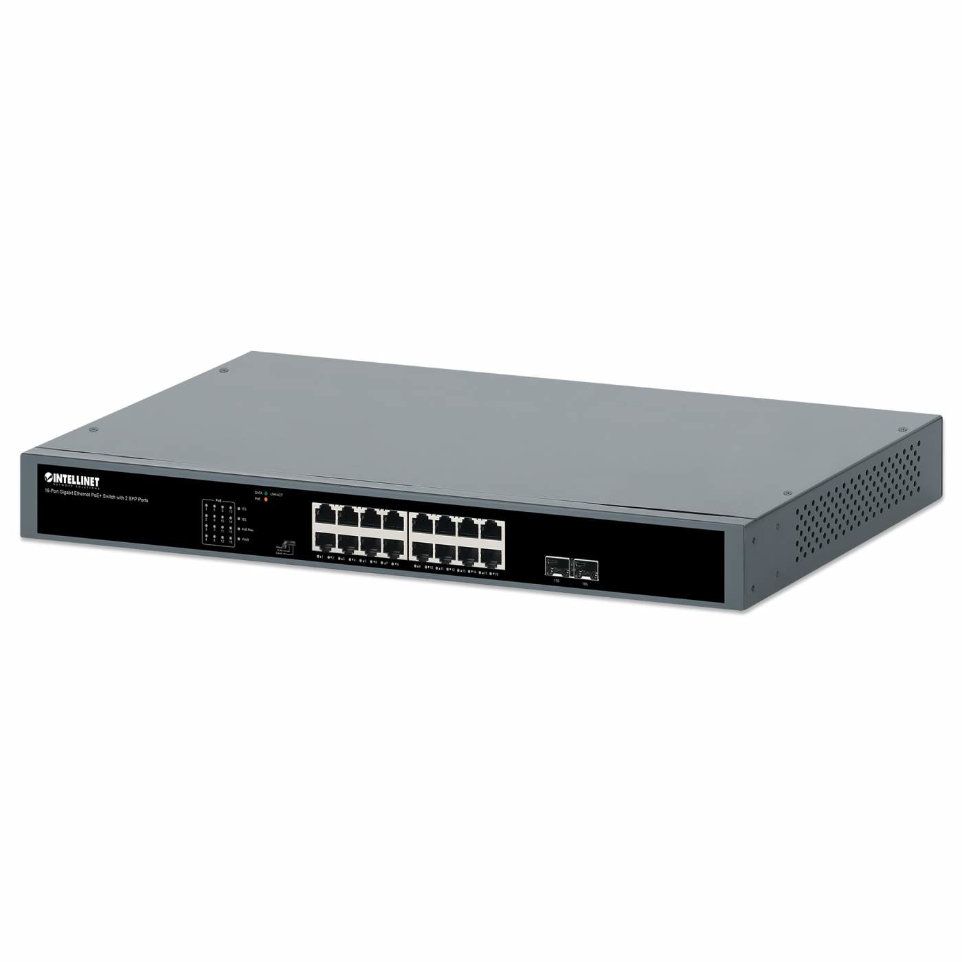 Switch Intellinet grigio a 16 porte con porte frontali. Il frontale ha luci.