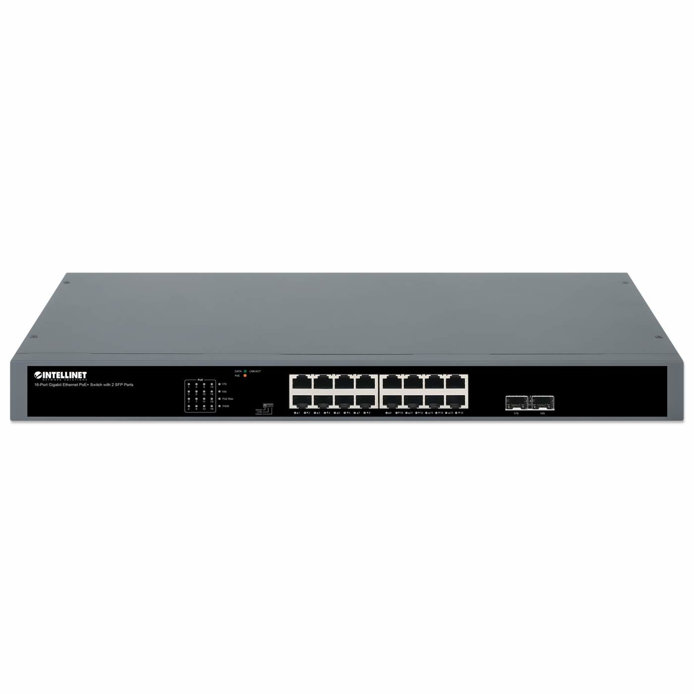Switch di rete grigio. Marchio Intellinet, 16 porte. Sfondo bianco.