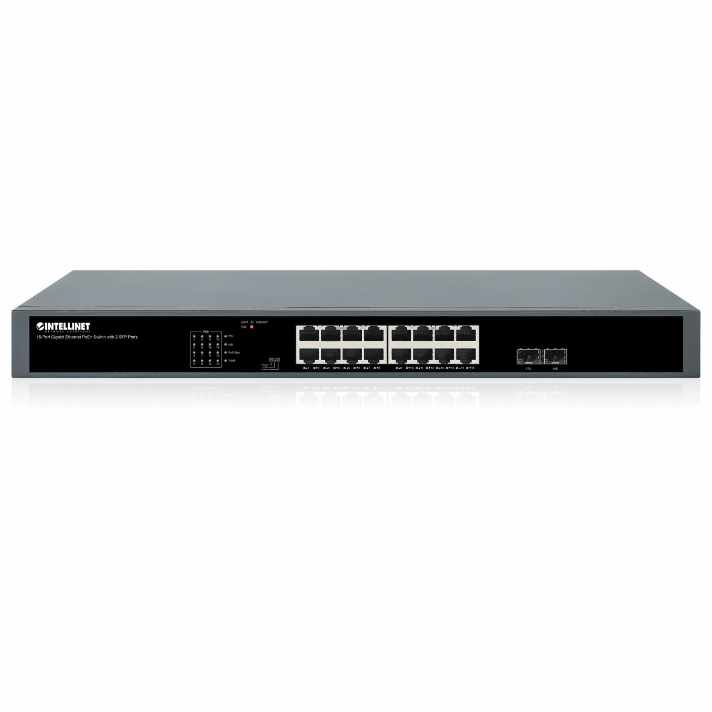 Switch di rete grigio con più porte sul davanti. C'è il logo 'Intellinet' in alto a sinistra.