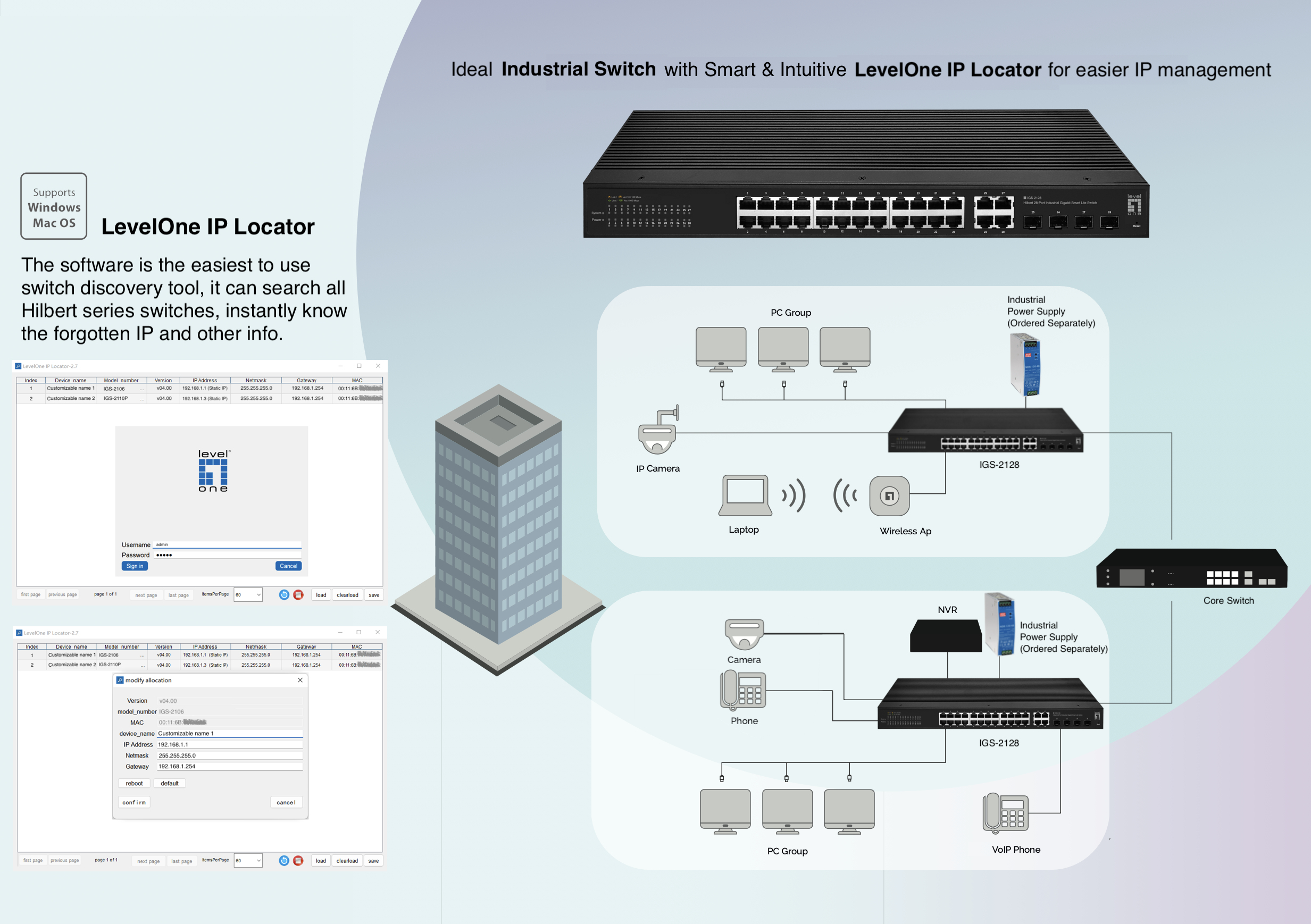 Schemat ilustrujący konfigurację inteligentnego przełącznika PoE do zarządzania IP.