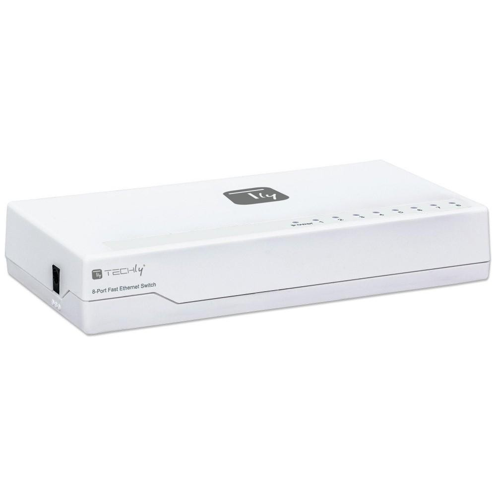 Switch Ethernet rapido a 8 porte bianco. Logo del marchio sulla parte superiore.