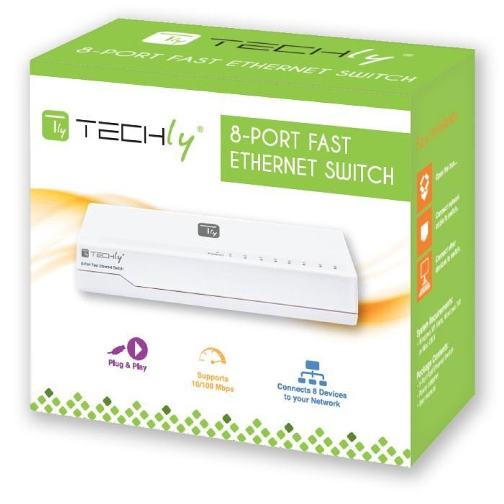 Switch di rete bianco a 8 porte, in una scatola verde e bianca.