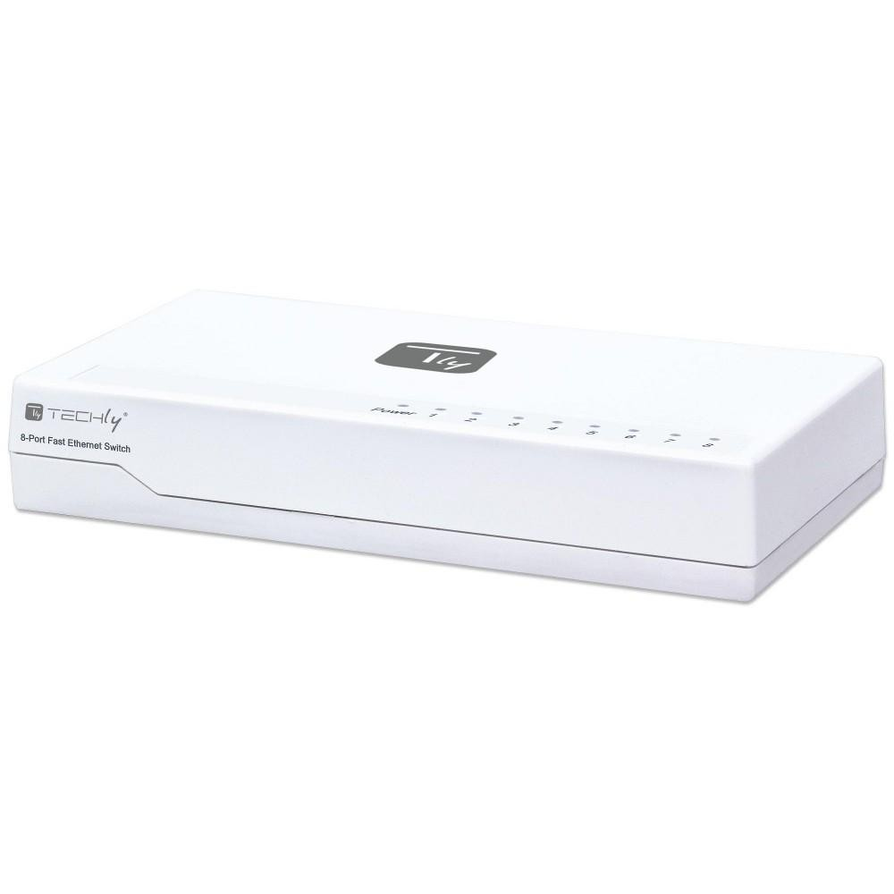 Switch Ethernet bianco a 8 porte. Con logo e indicatori di alimentazione. Porte frontali.
