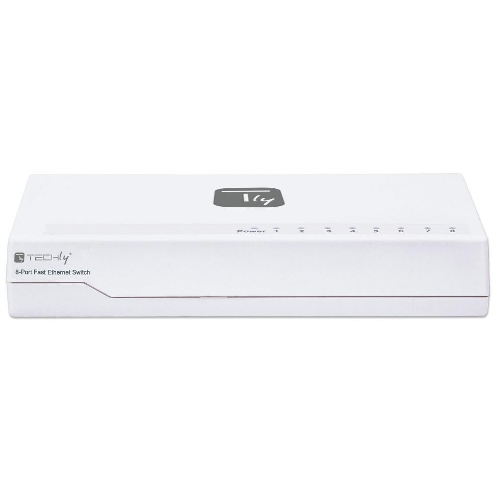 Switch Ethernet a 8 porte bianco. Logo 'Tly' in alto.