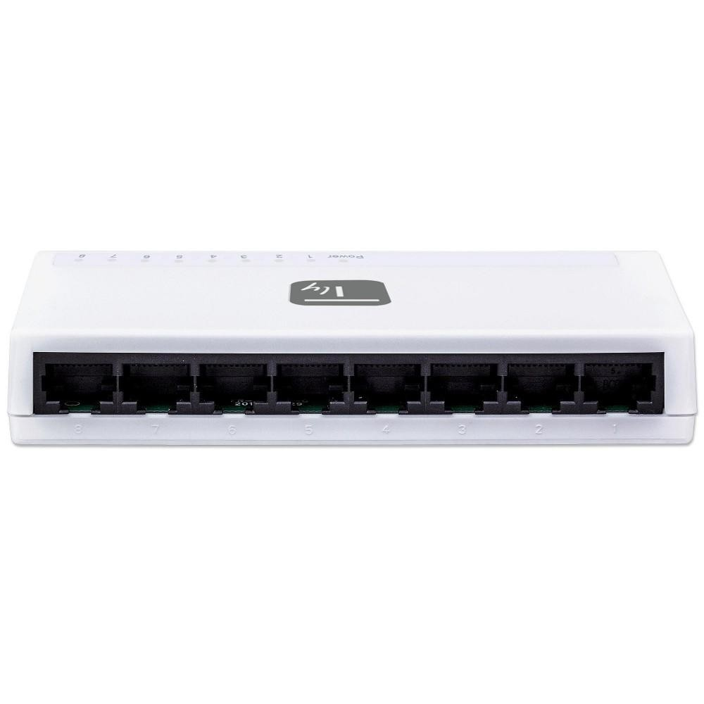 Switch Ethernet bianco a 8 porte. Porte visibili, orizzontali. Luci di alimentazione e attività presenti.
