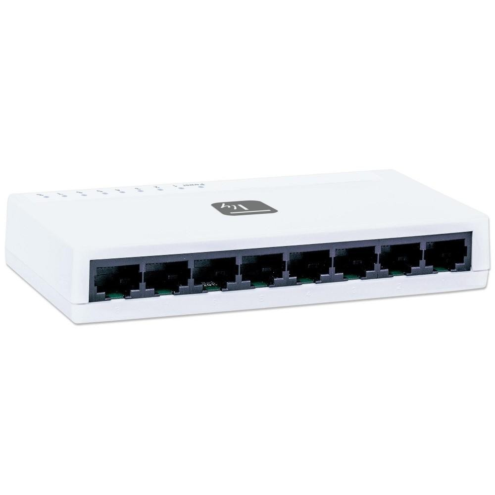 Switch di rete bianco con 8 porte. Le porte sono sulla parte anteriore. Logo al centro.
