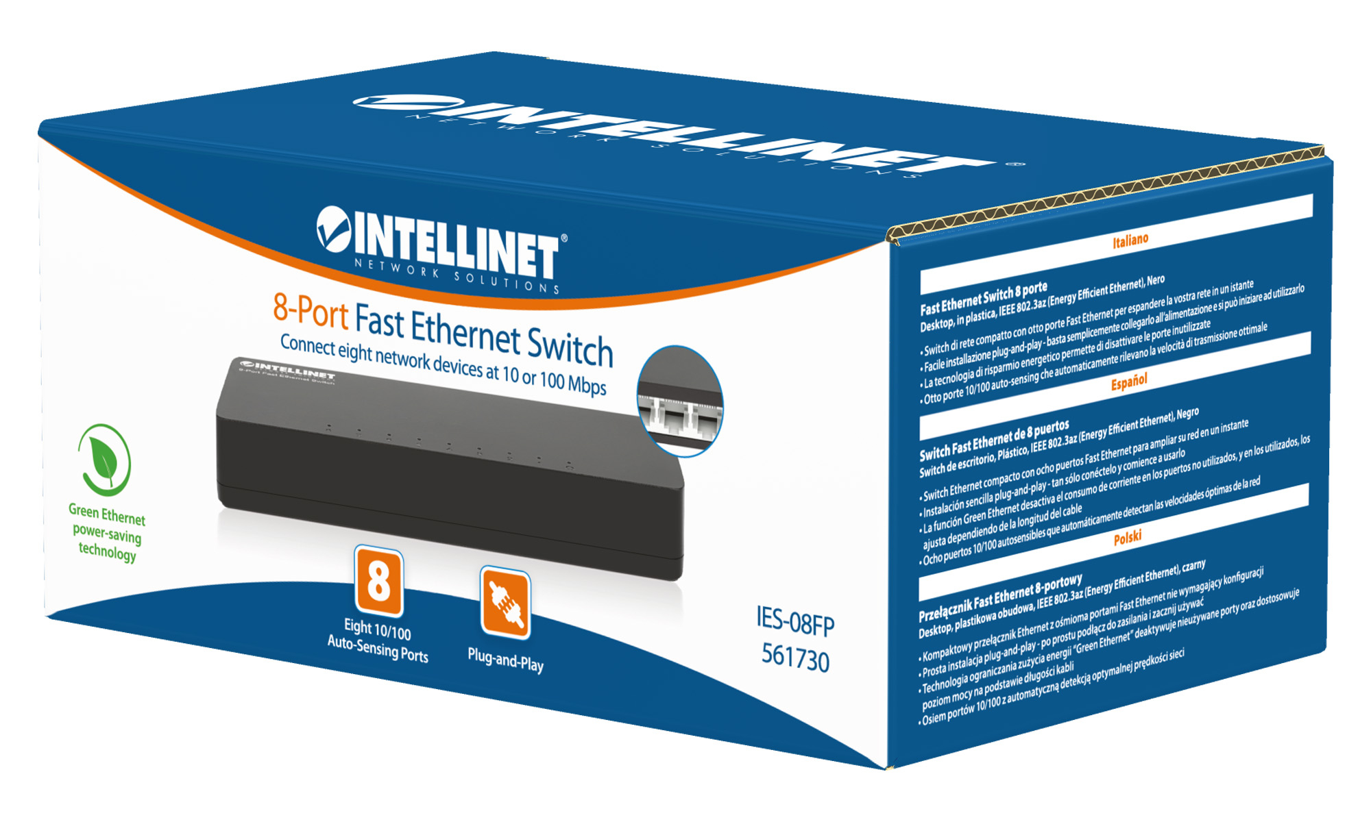 Pudełko przełącznika Fast Ethernet 8-portowego Intellinet. Niebiesko-biały design ze szczegółami produktu. Białe.