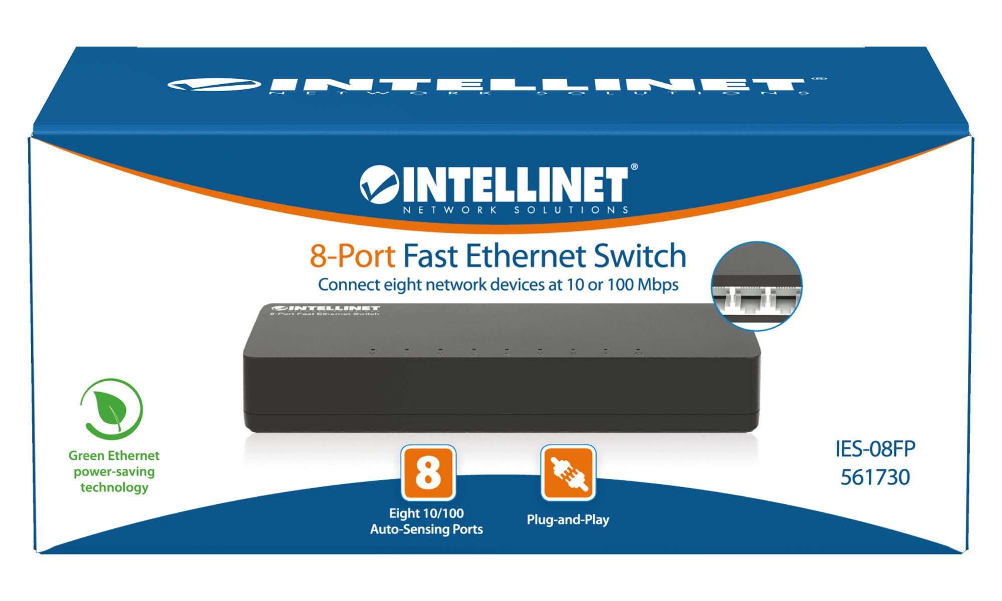 Zapakowany 8-portowy przełącznik Ethernet. Niebiesko-biały design. Zawiera przełącznik i funkcje plug-and-play.
