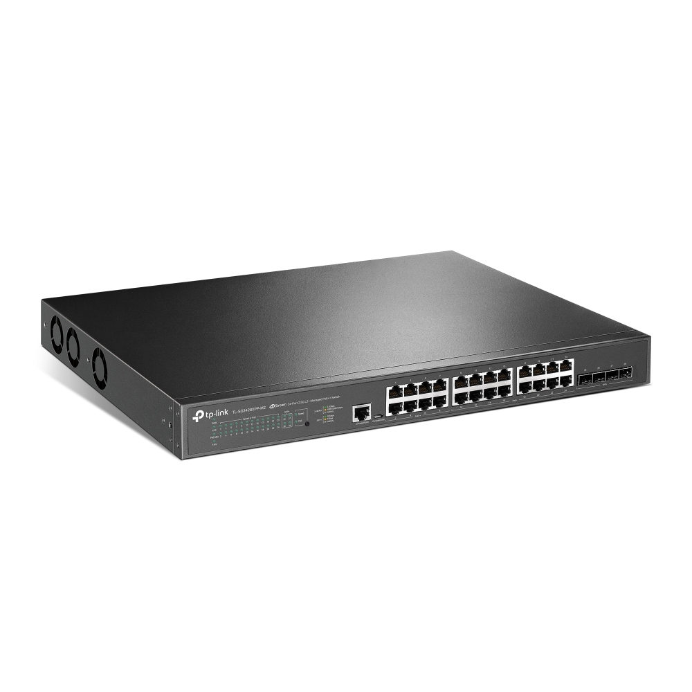Switch Ethernet negro con muchos puertos. Puertos al frente, indicadores de alimentación. Parte trasera con puerto y ventilador.
