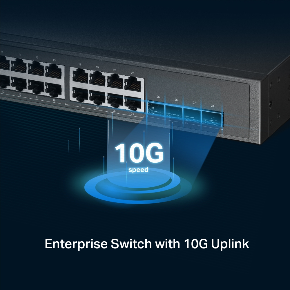 Switch de red con puertos etiquetados. Texto: '10G speed'. Fondo azul oscuro.