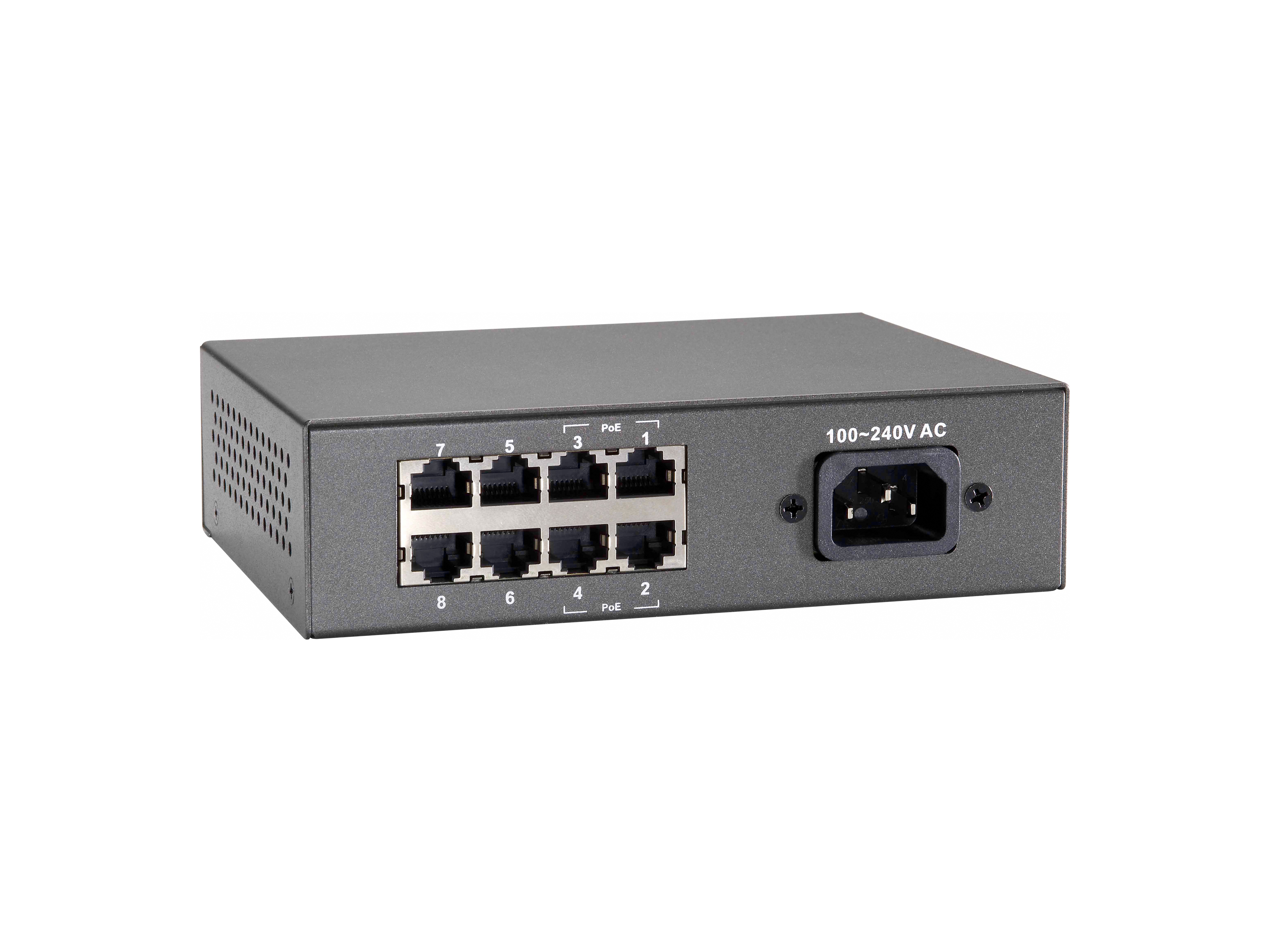 Grijze 8-poorts switch. Acht Ethernet poorten. Stroomingang aan de achterkant. Witte achtergrond.
