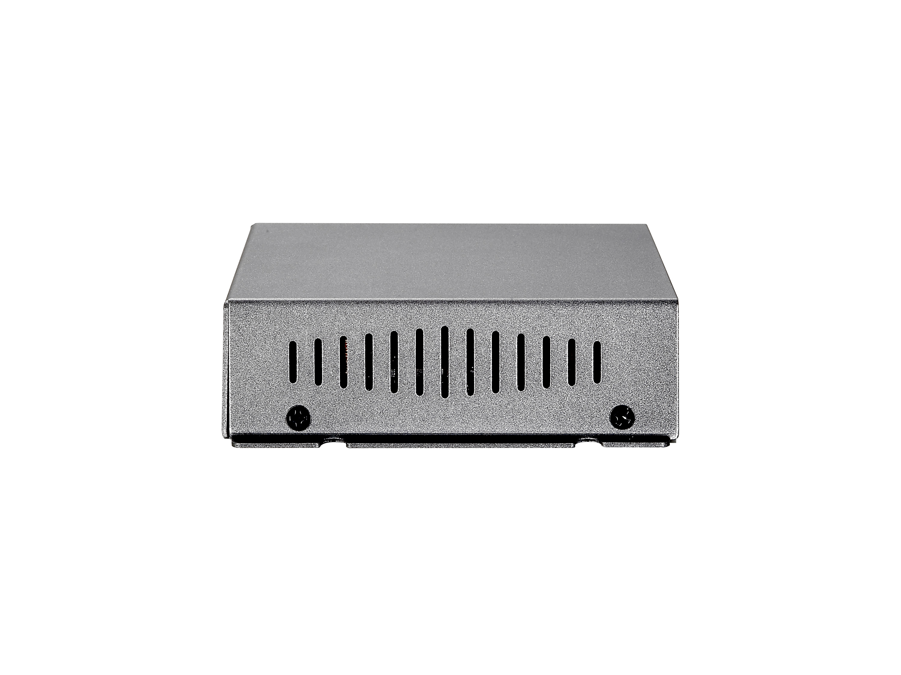 Uno switch di rete in metallo grigio con fori di ventilazione laterali e fori per viti.