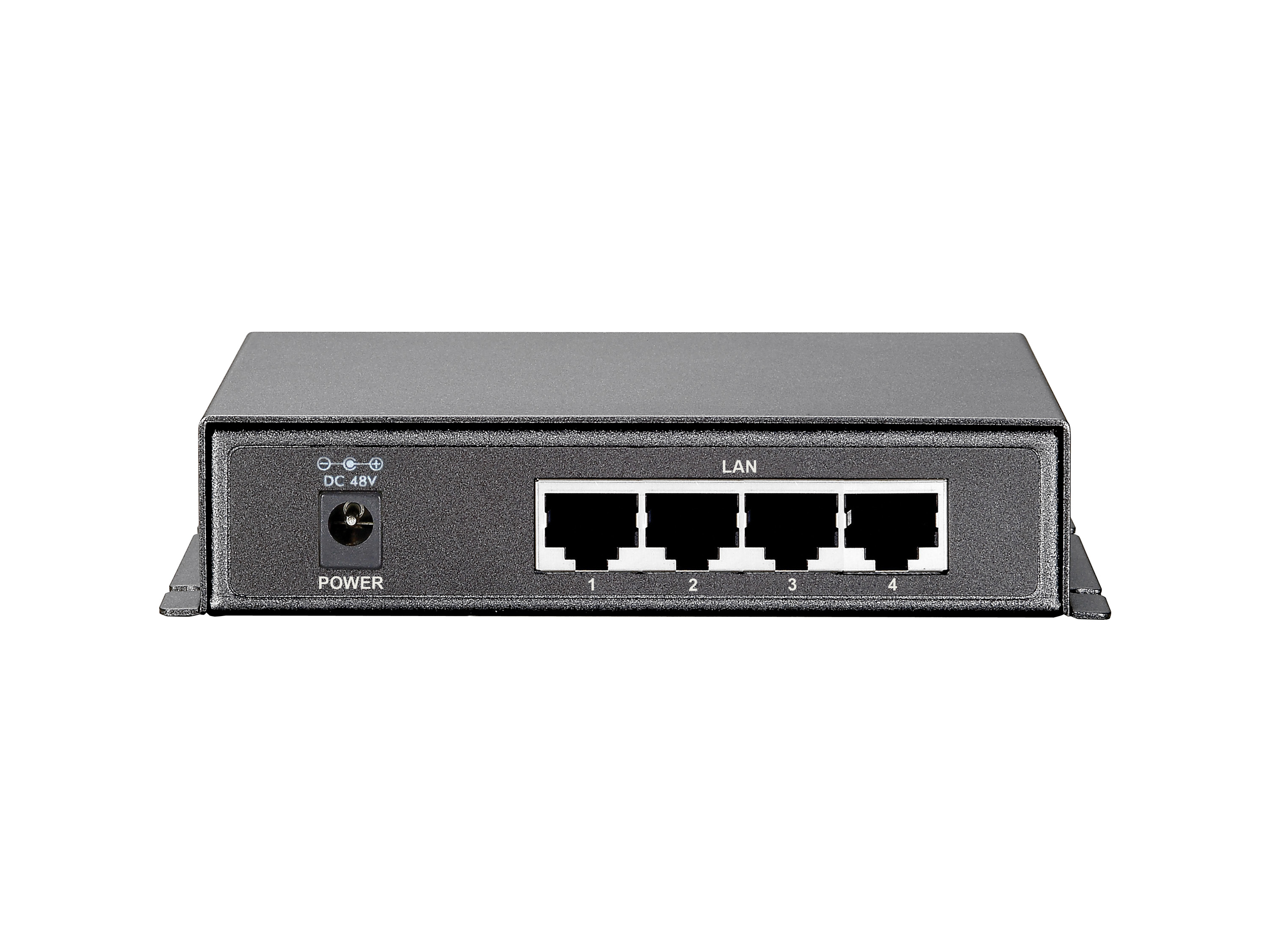 Switch di rete nero con 4 porte. Ingresso di alimentazione e porte LAN visibili. Etichettato 'Power' e 'LAN'.