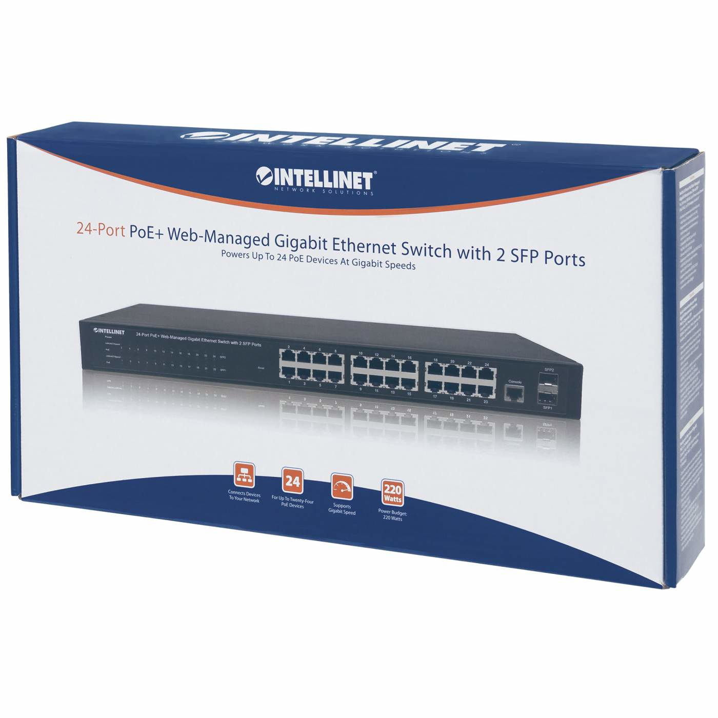 Switch Ethernet in scatola, design blu e bianco. Contiene lo switch, le porte e le funzionalità.