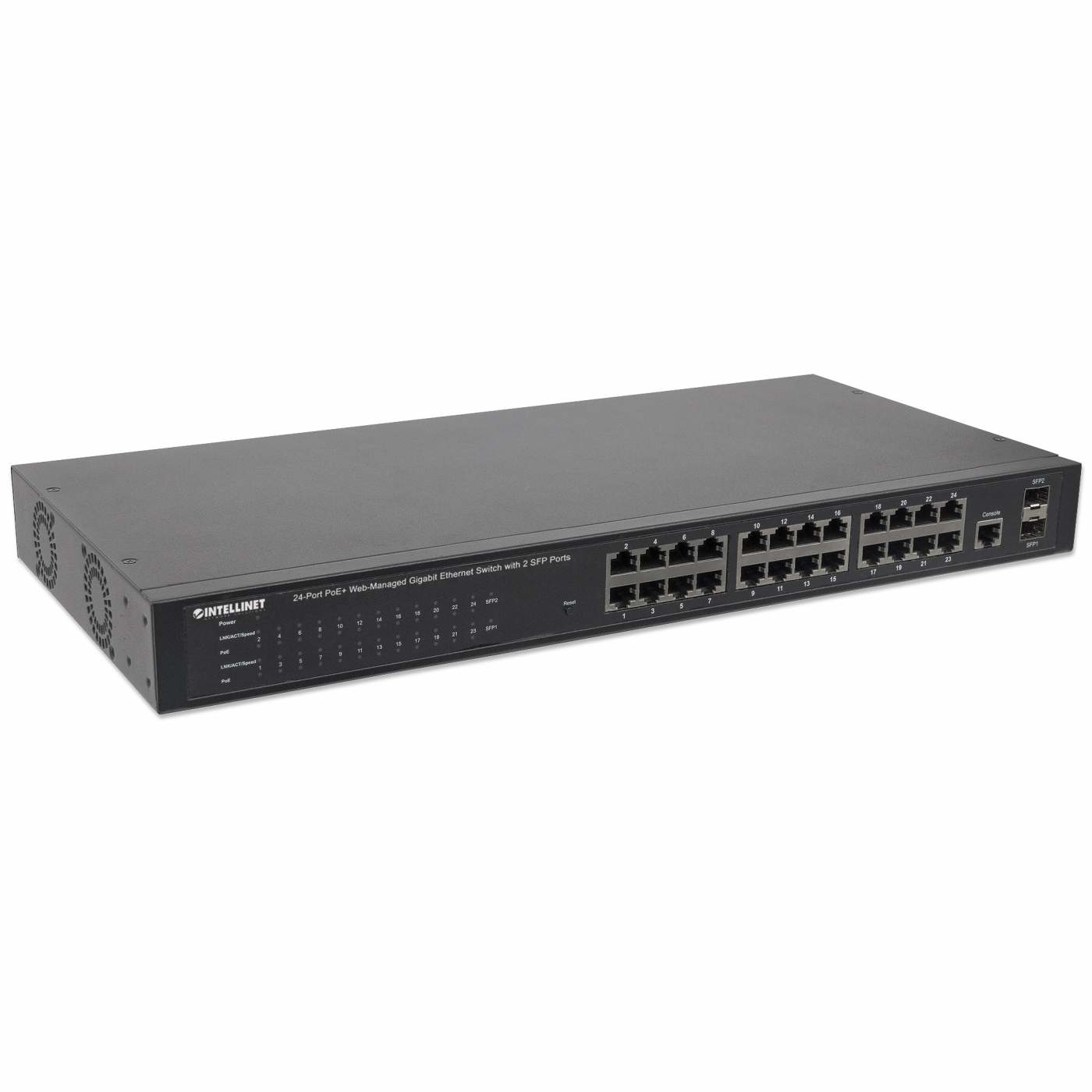 Switch nero a 24 porte. Porte multiple sulla parte anteriore. Ventole di raffreddamento a sinistra. Bianco.
