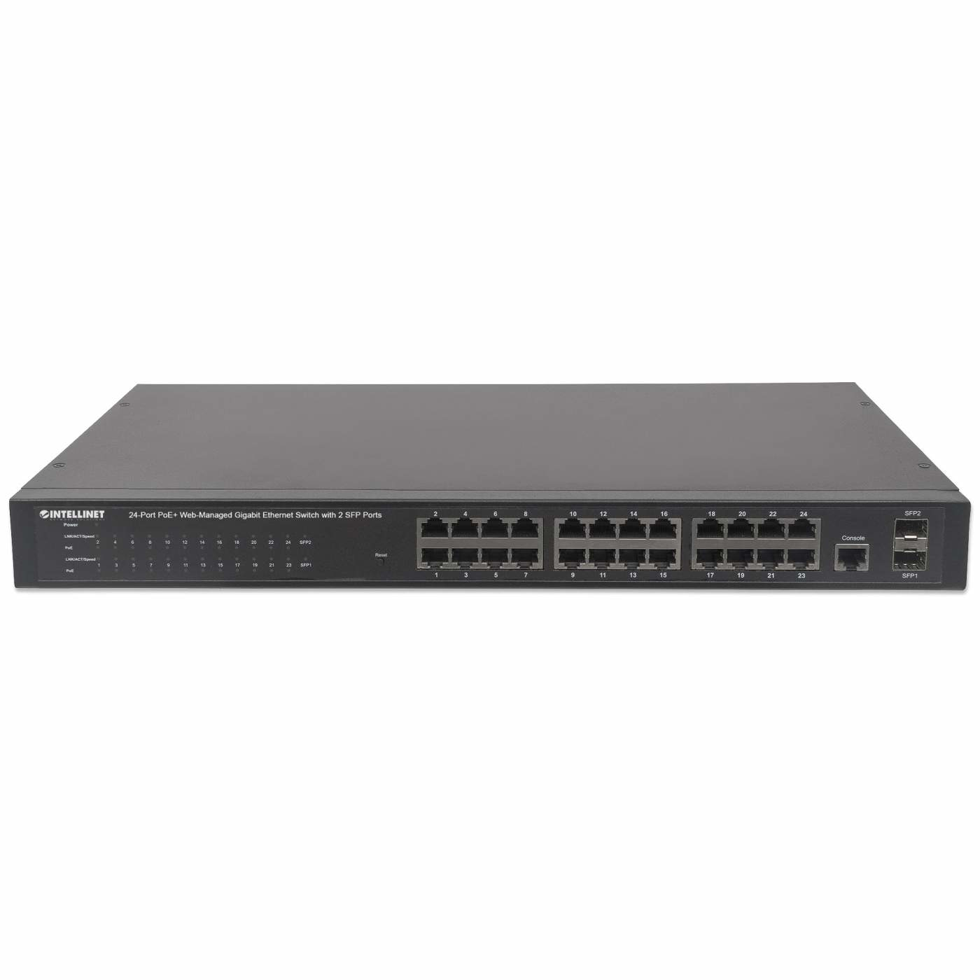 Switch di rete nero con molte porte. Il testo sullo switch etichetta le porte.