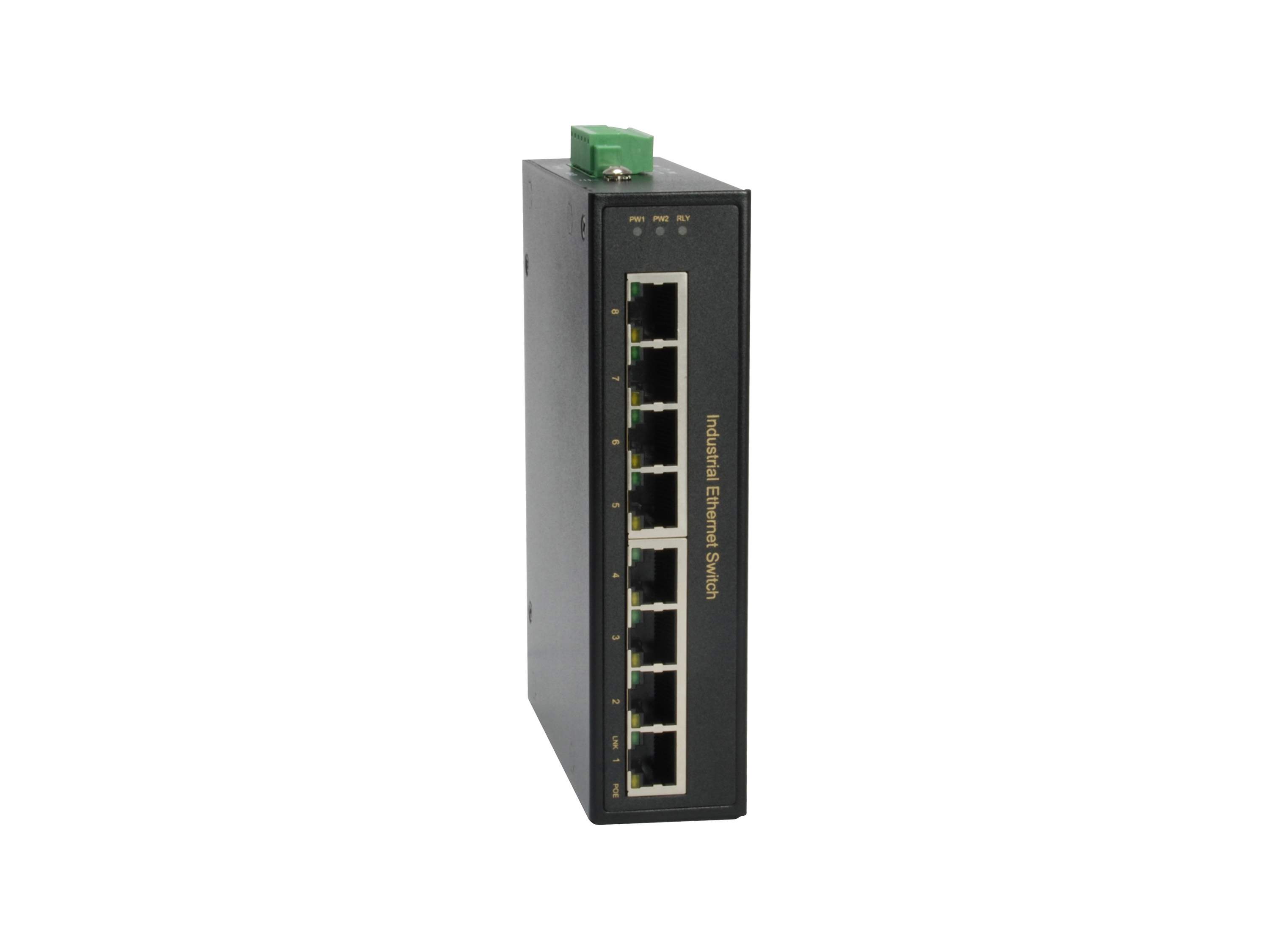 Switch Ethernet industriale nero con porte etichettate. Connettore verde sopra. Isolato.