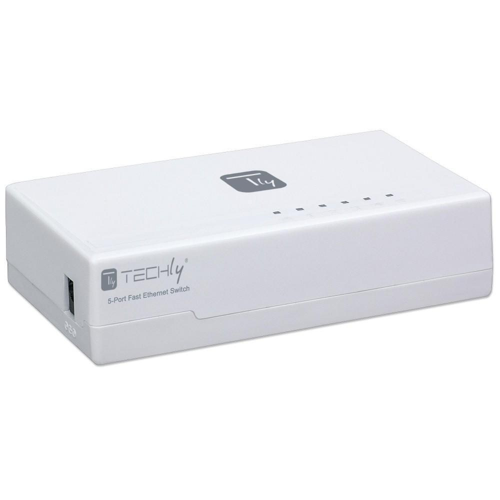 Switch ethernet veloce Techly bianco a 5 porte. Ha un logo, porte e luci. Sfondo bianco.