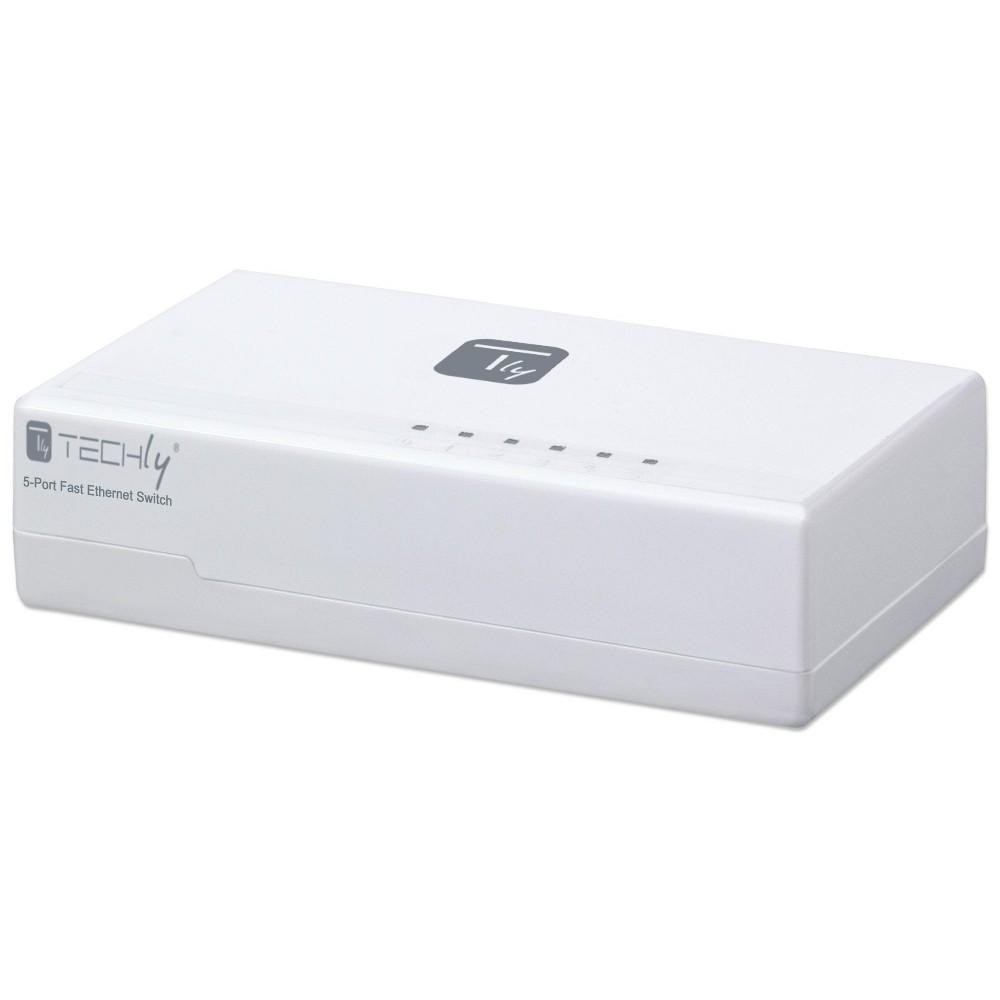 Switch Fast Ethernet a 5 porte bianco. Il logo Techly è visibile. Sfondo bianco.