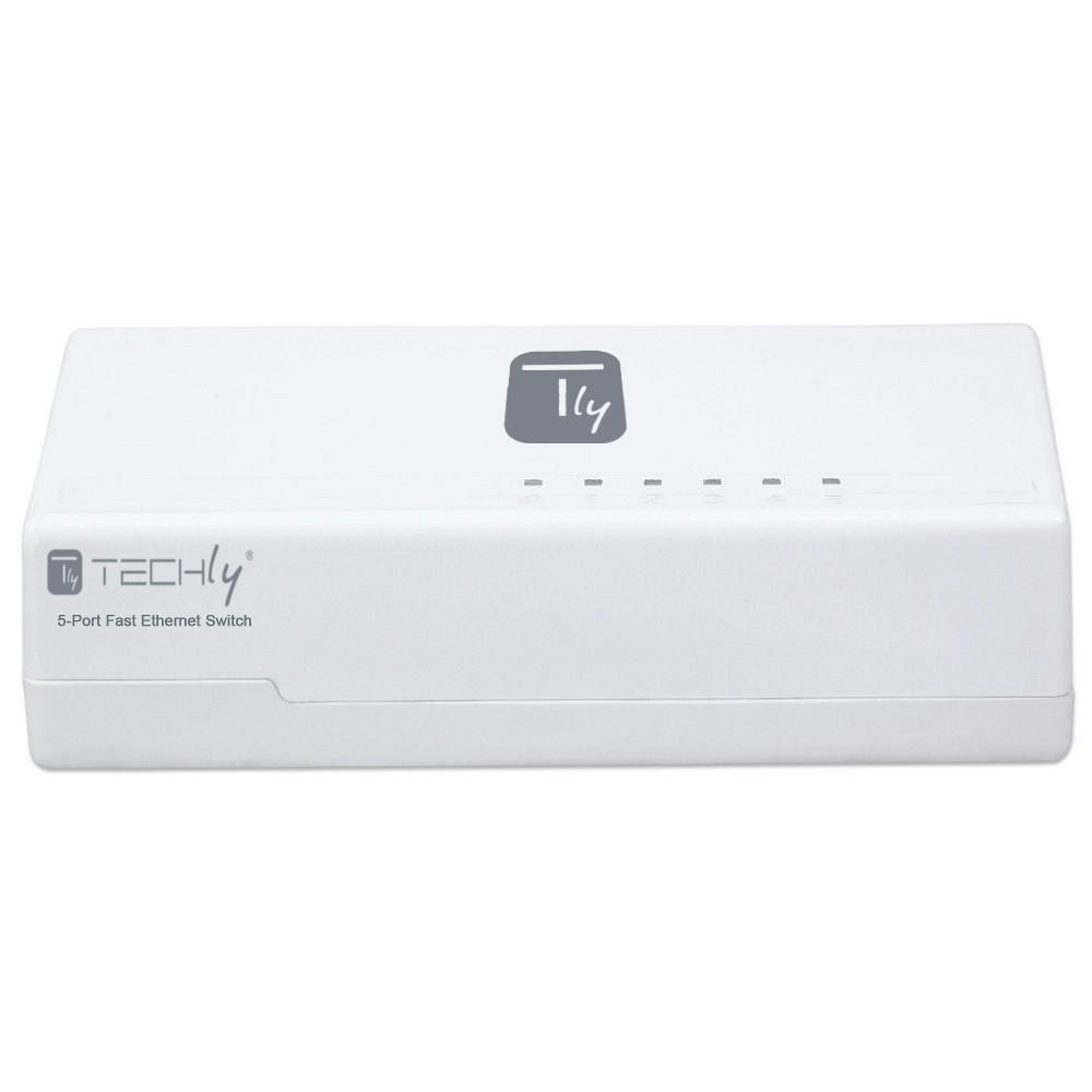 Switch Ethernet veloce a 5 porte bianco di TECHly, con logo e spie.