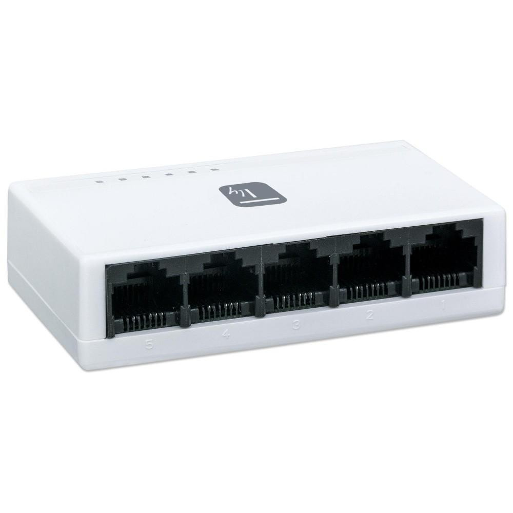 Switch Ethernet bianco a 5 porte. Porte frontali, logo in alto.