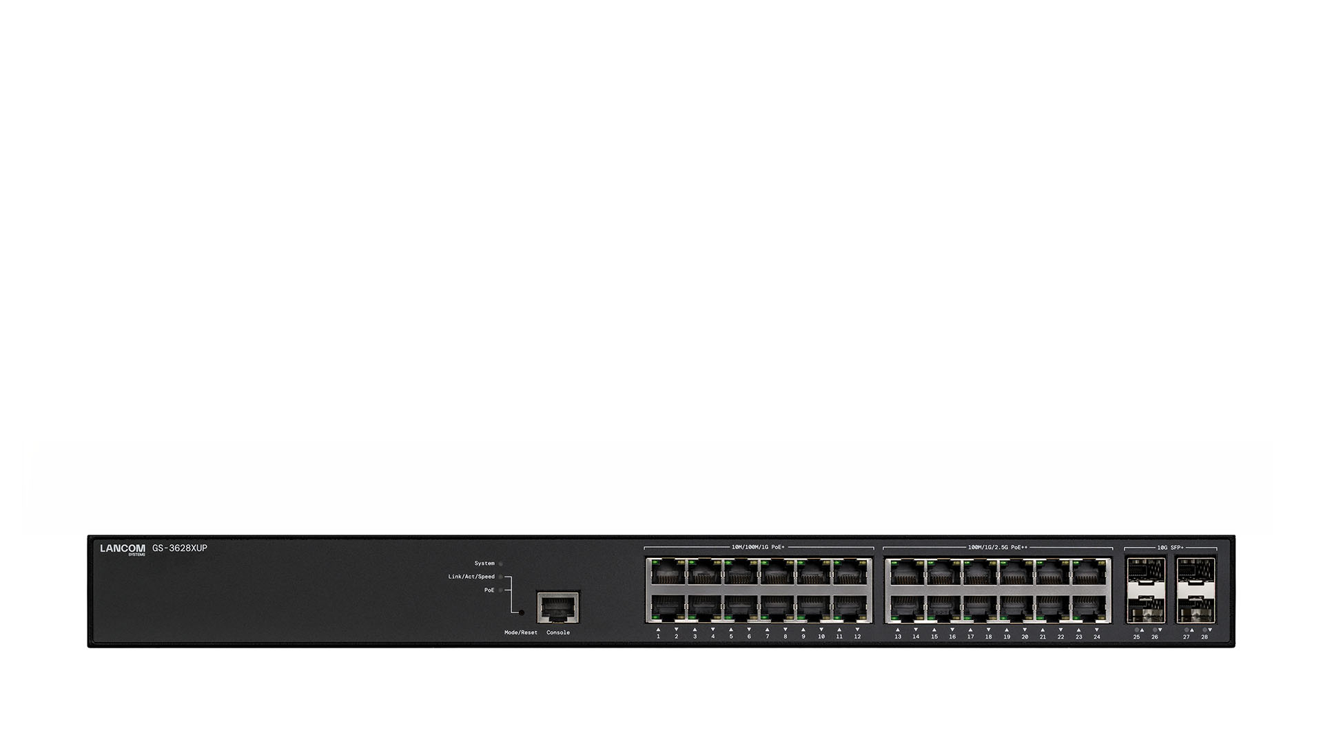 Switch Ethernet nero con molte porte. Porte anteriori, indicatori di alimentazione. Marchio sulla parte superiore.