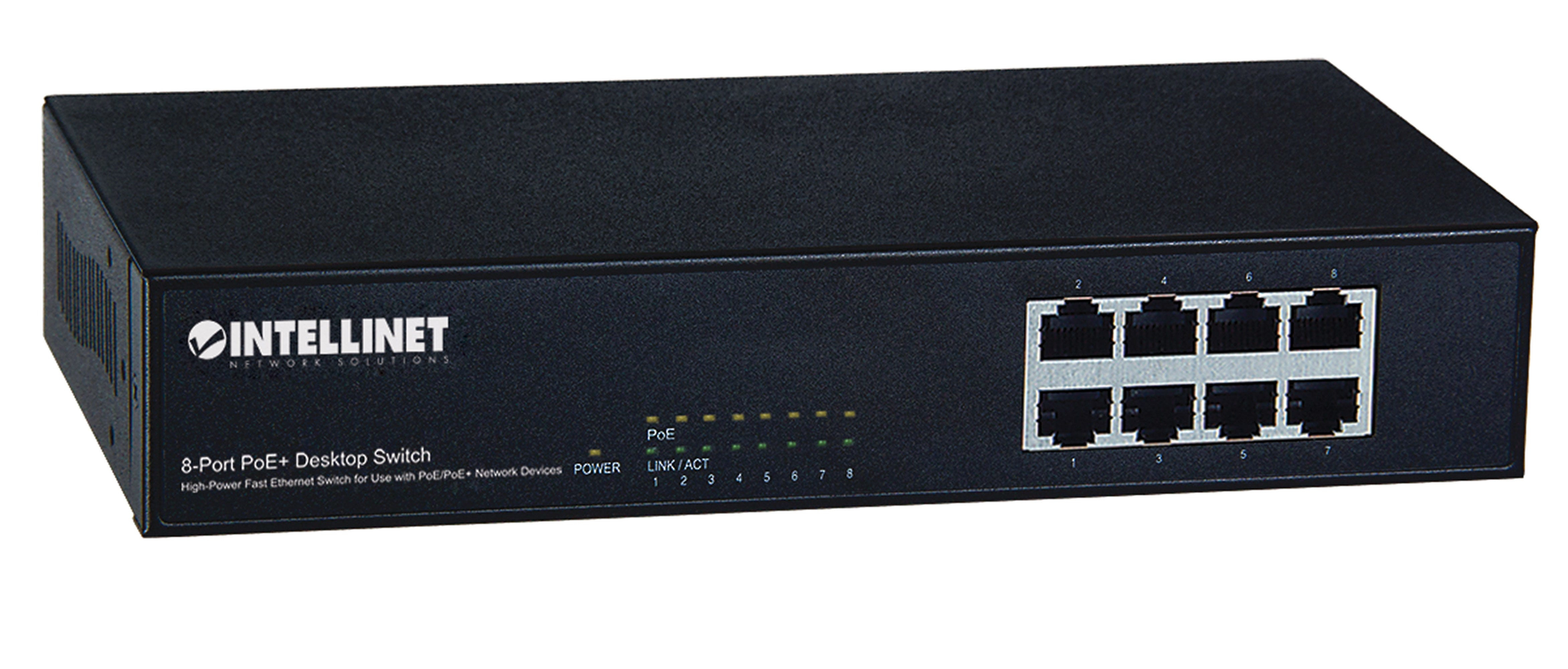 Switch di rete nero a 8 porte. Il frontale ha porte numerate. Il logo è Intellinet.