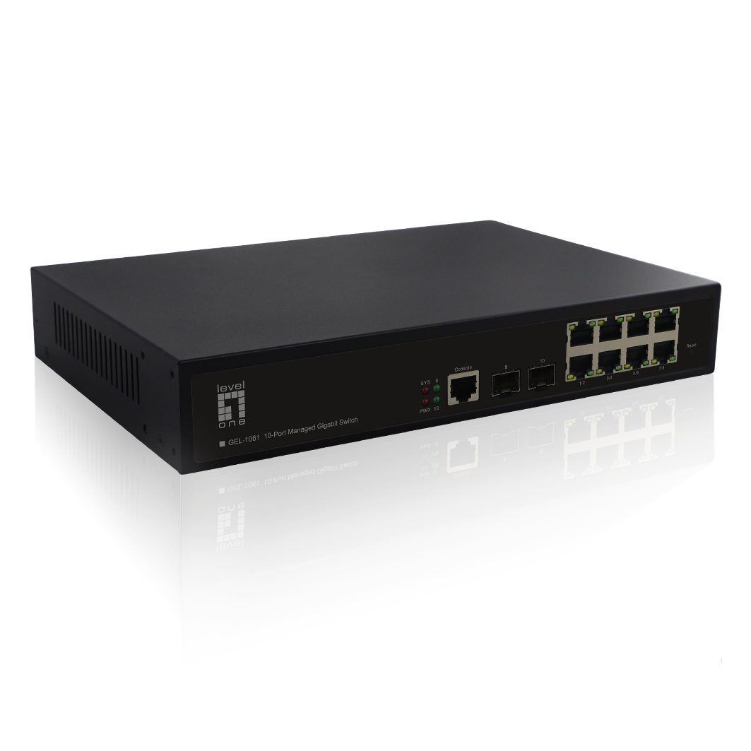 Switch Ethernet nero con molte porte. Porte anteriori, indicatori di alimentazione. Marchio frontale.
