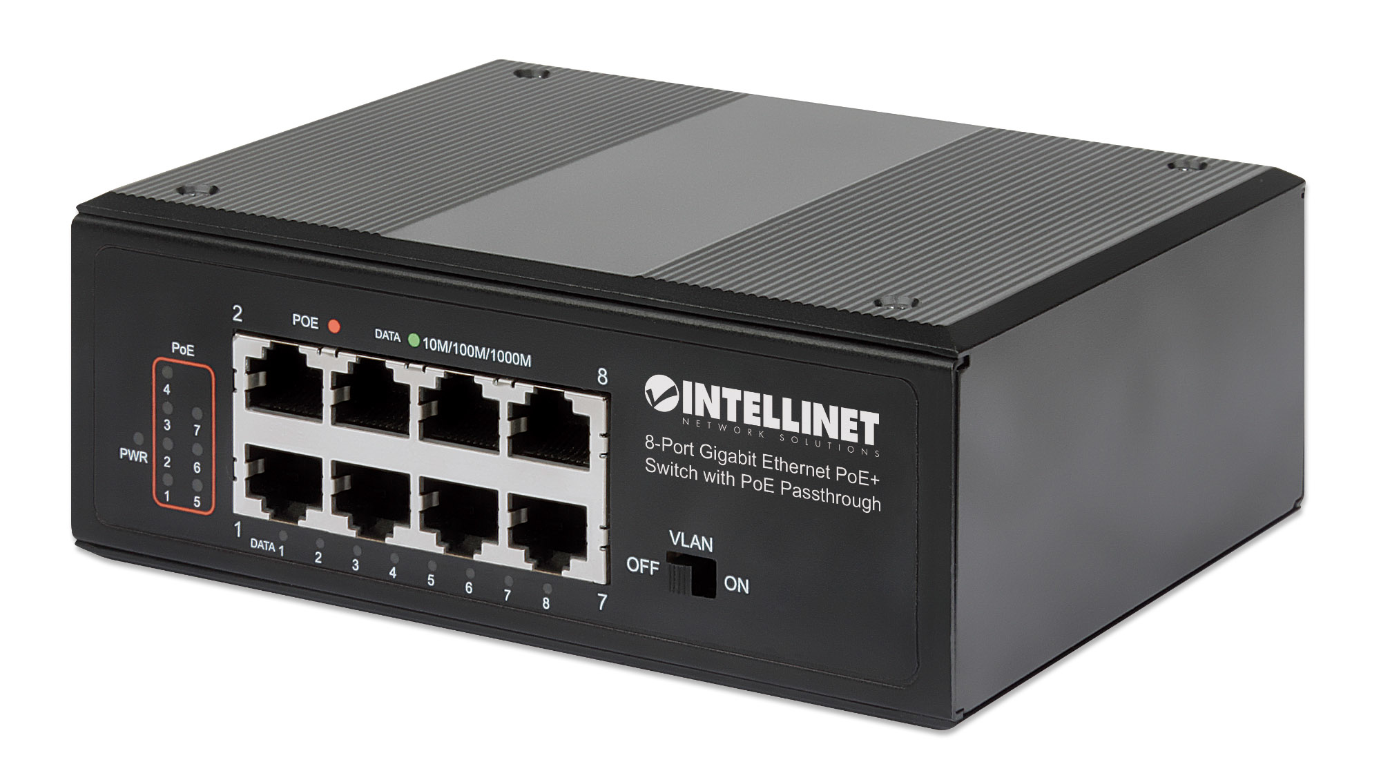 Czarny 8-portowy przełącznik Ethernet z portami PoE i białym tłem.