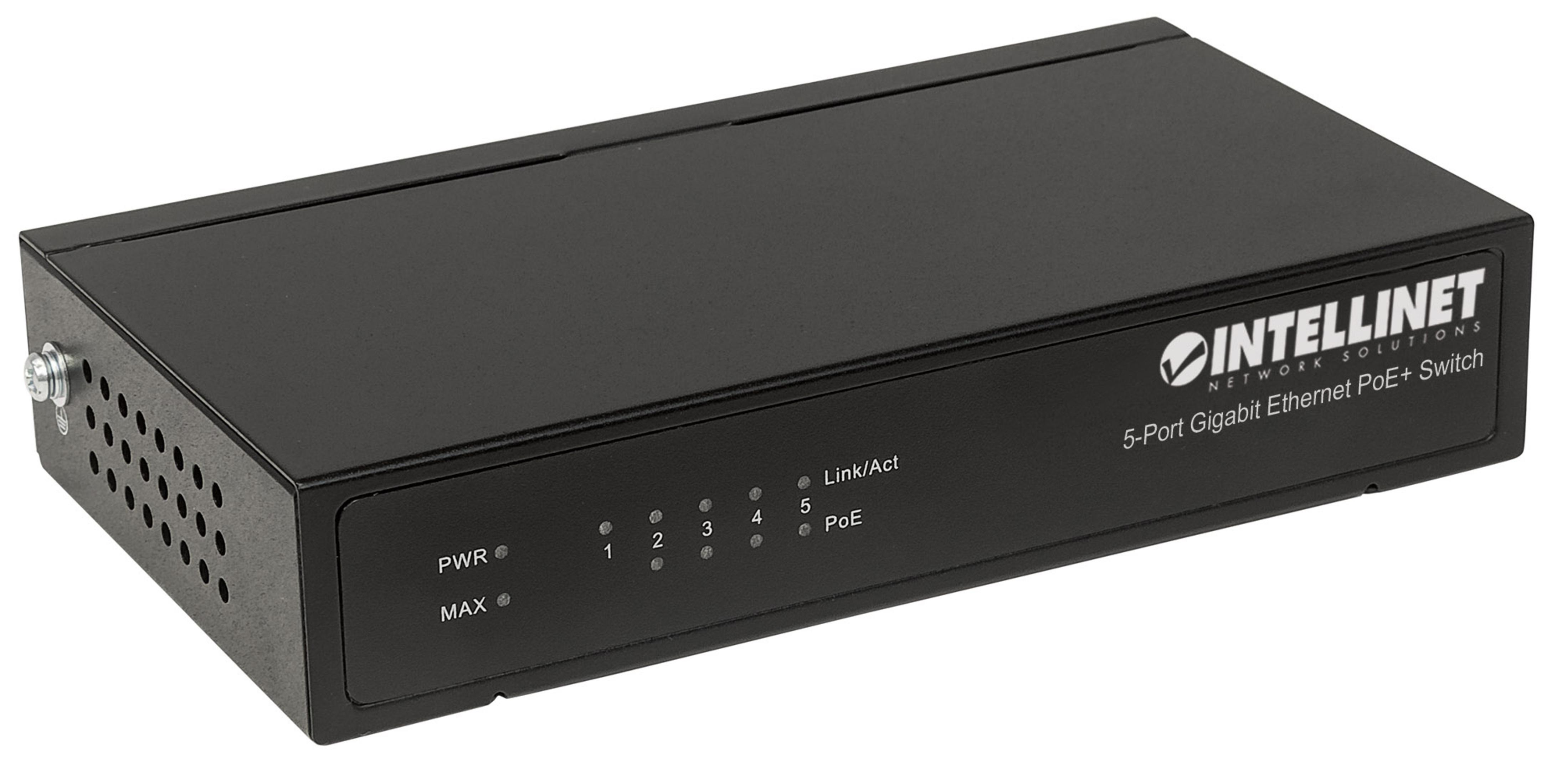 Switch Ethernet nero a 5 porte con luci, sfondo bianco.