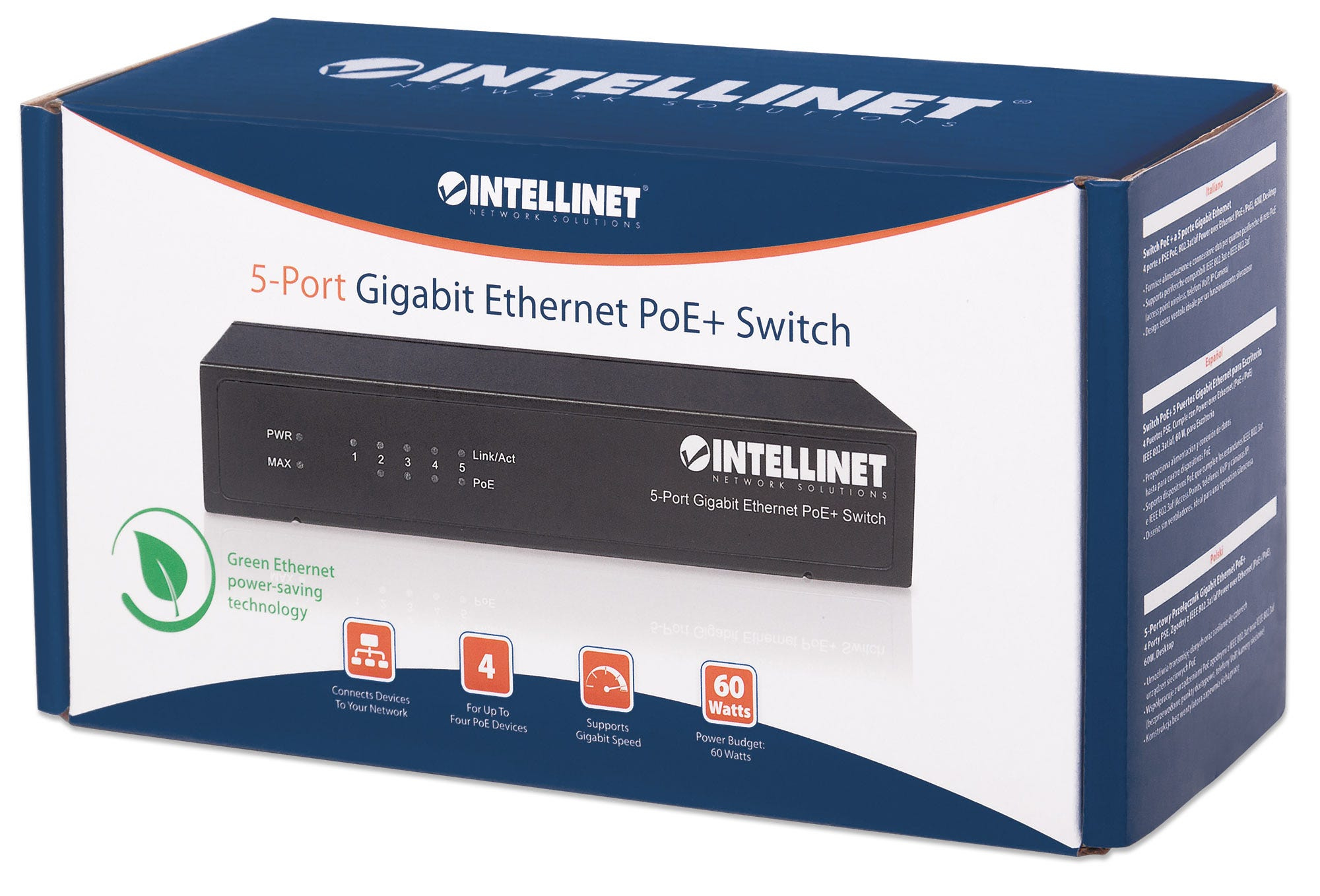 Switch PoE+ Gigabit Ethernet a 5 porte Intellinet in scatola. La scatola ha un design blu e bianco.