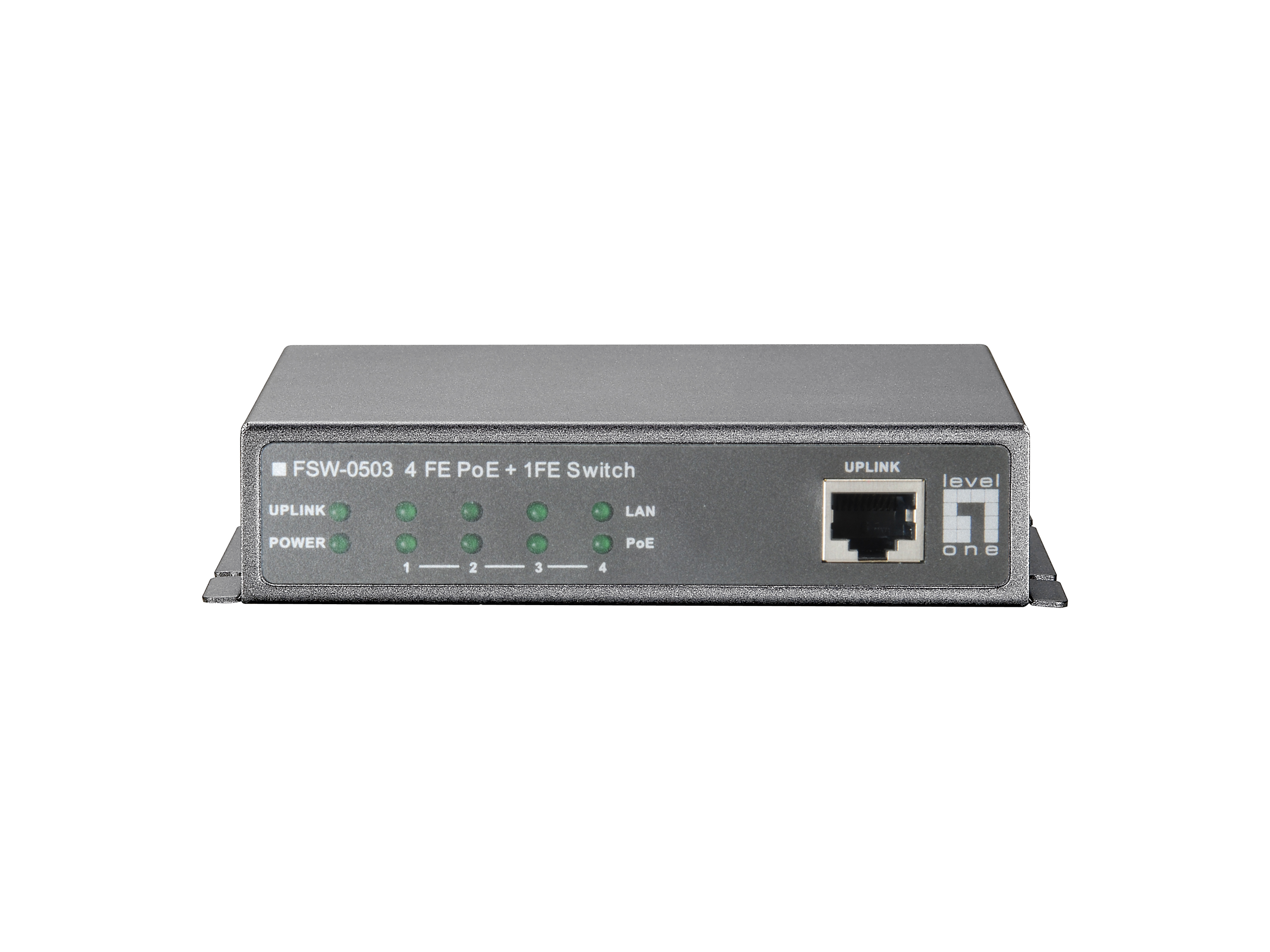 Switch di rete grigio con porte, etichette e un uplink. Isolato su sfondo bianco.
