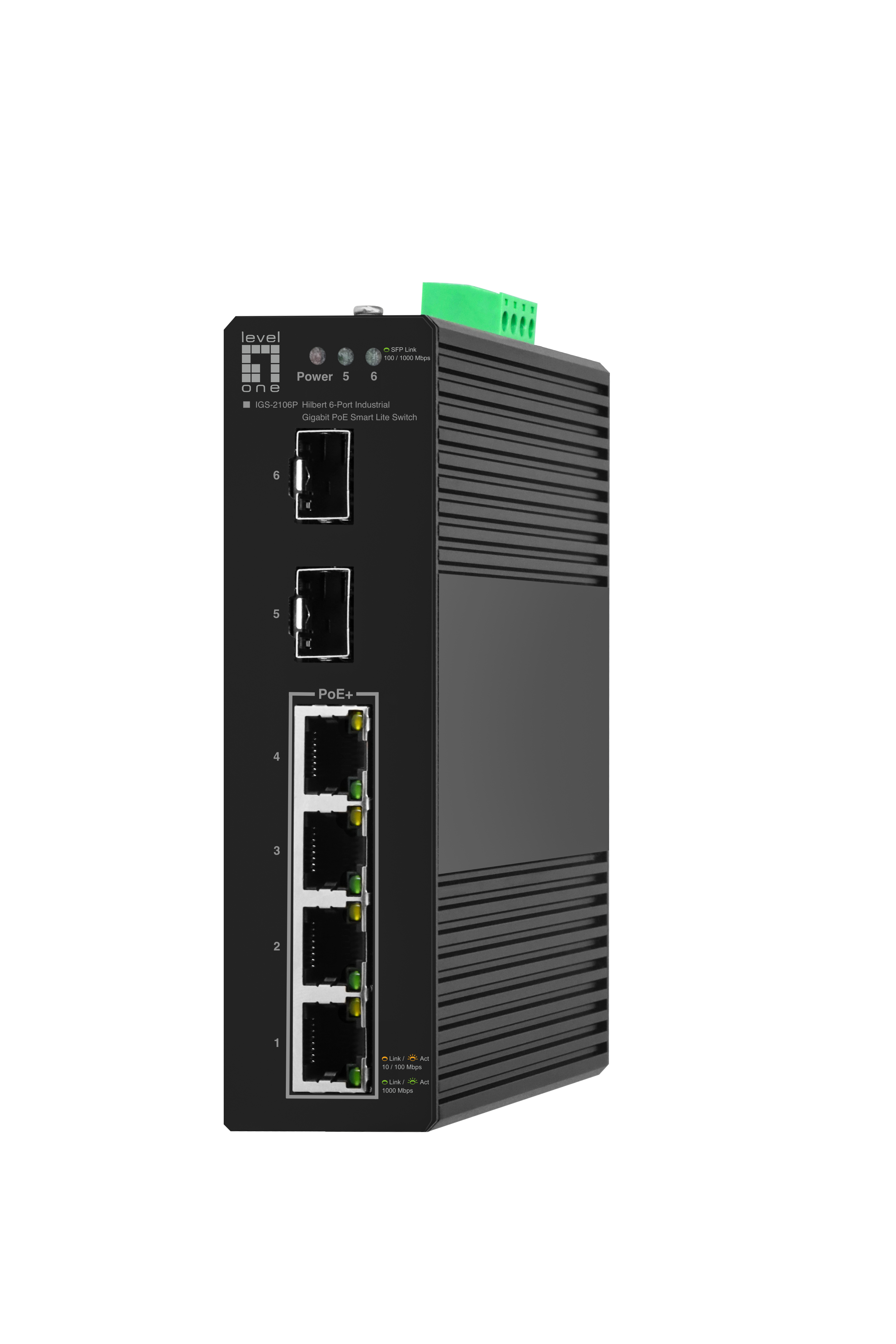 Switch Ethernet nero con porte e sfondo bianco.