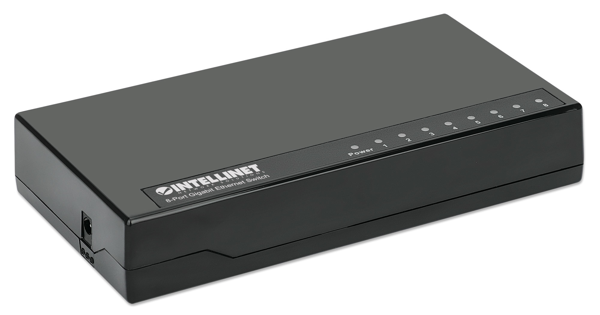 Switch Ethernet Intellinet nero a 8 porte con spie di alimentazione e porte superiori.
