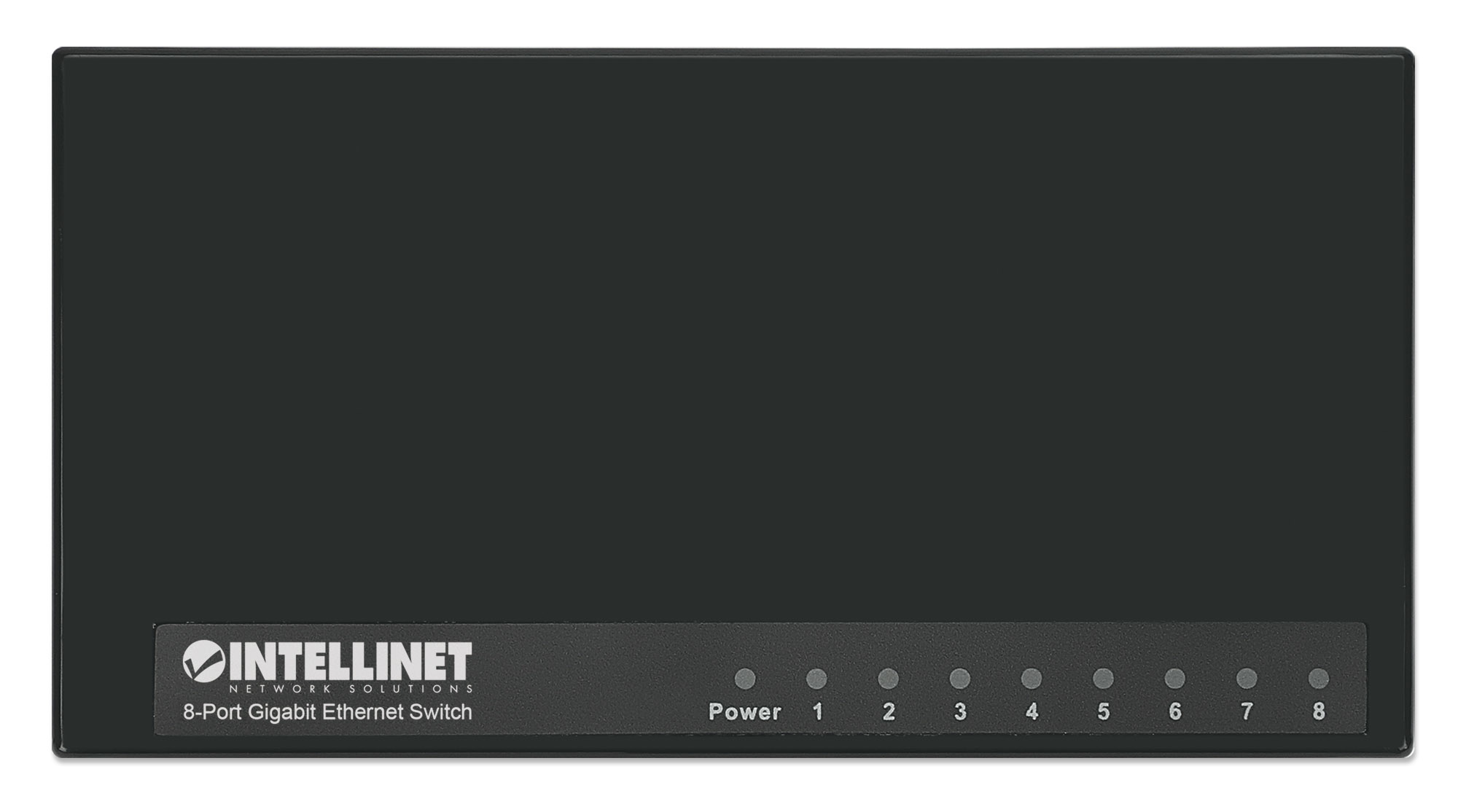 Switch Ethernet nero a 8 porte. Logo Intellinet e indicatori delle porte sulla parte anteriore.