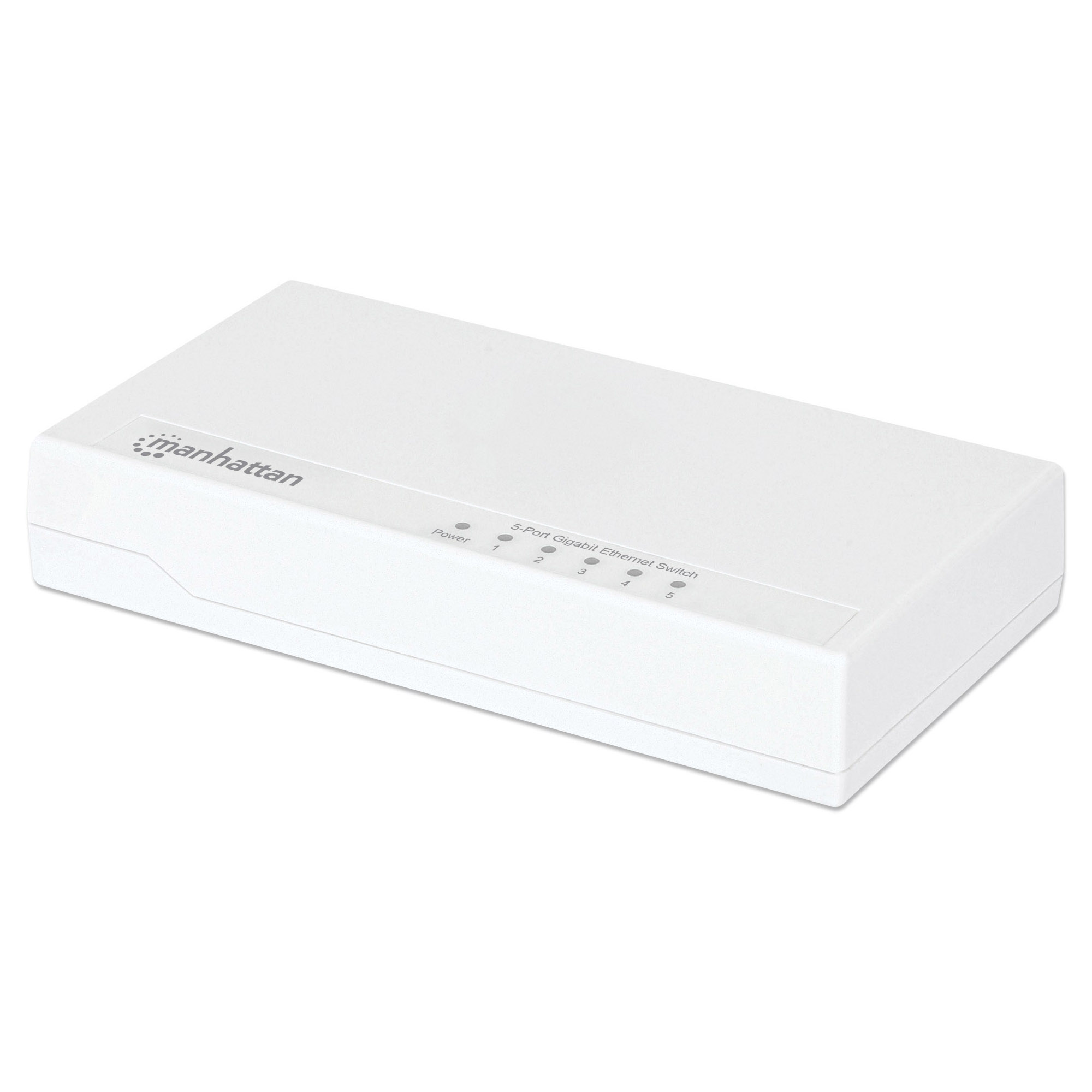 Switch Ethernet Gigabit a 5 porte Manhattan bianco, con spie di alimentazione e porte superiori.