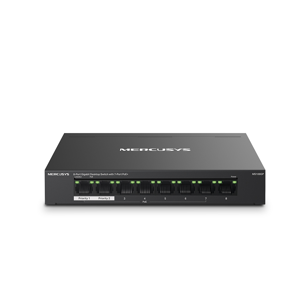 Switch desktop Mercusys nero a 8 porte con porte, LED ed etichette.
