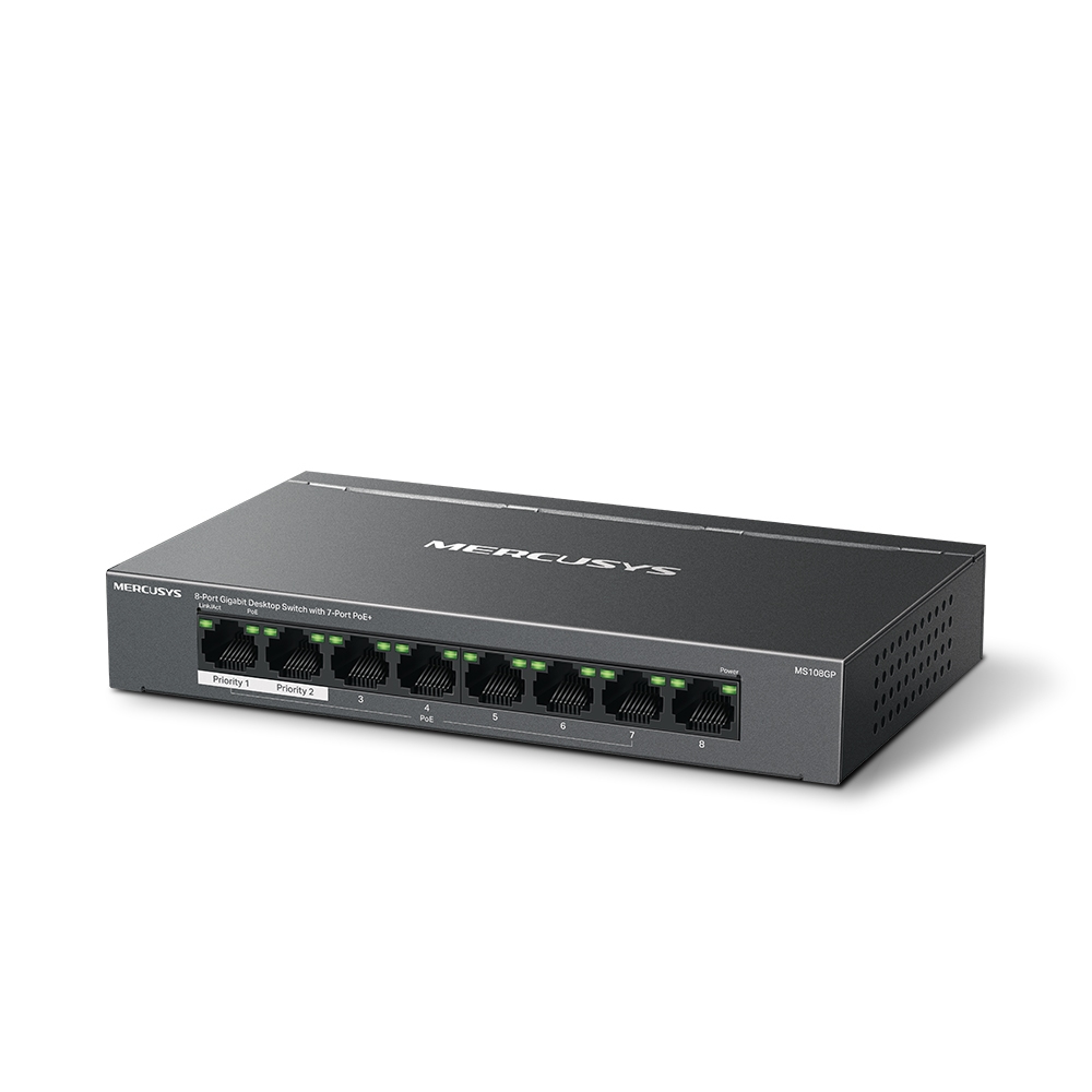Uno switch desktop Gigabit Mercusys a 8 porte nero. Le porte sono frontali. Sfondo bianco.