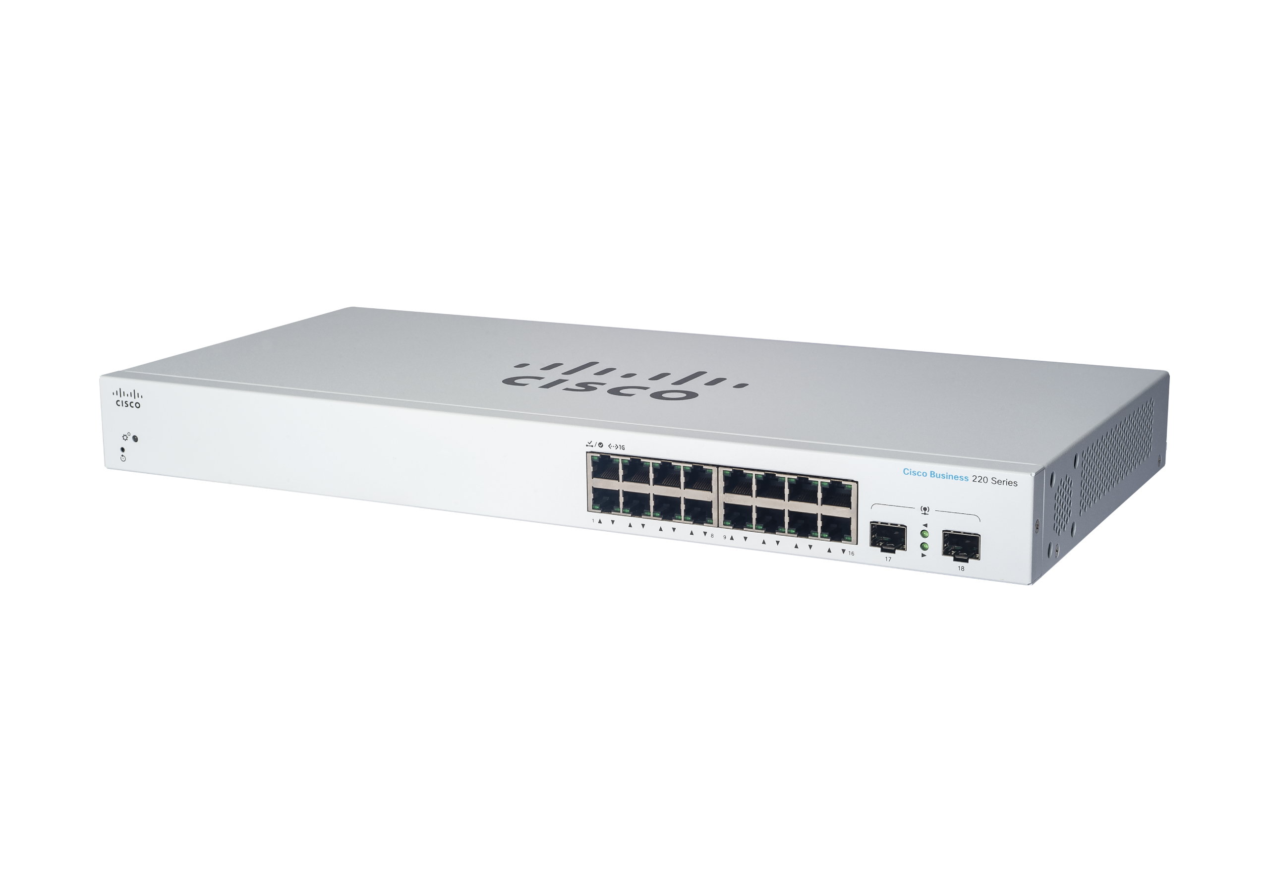 Switch Cisco Business 220 Series bianco su sfondo bianco.