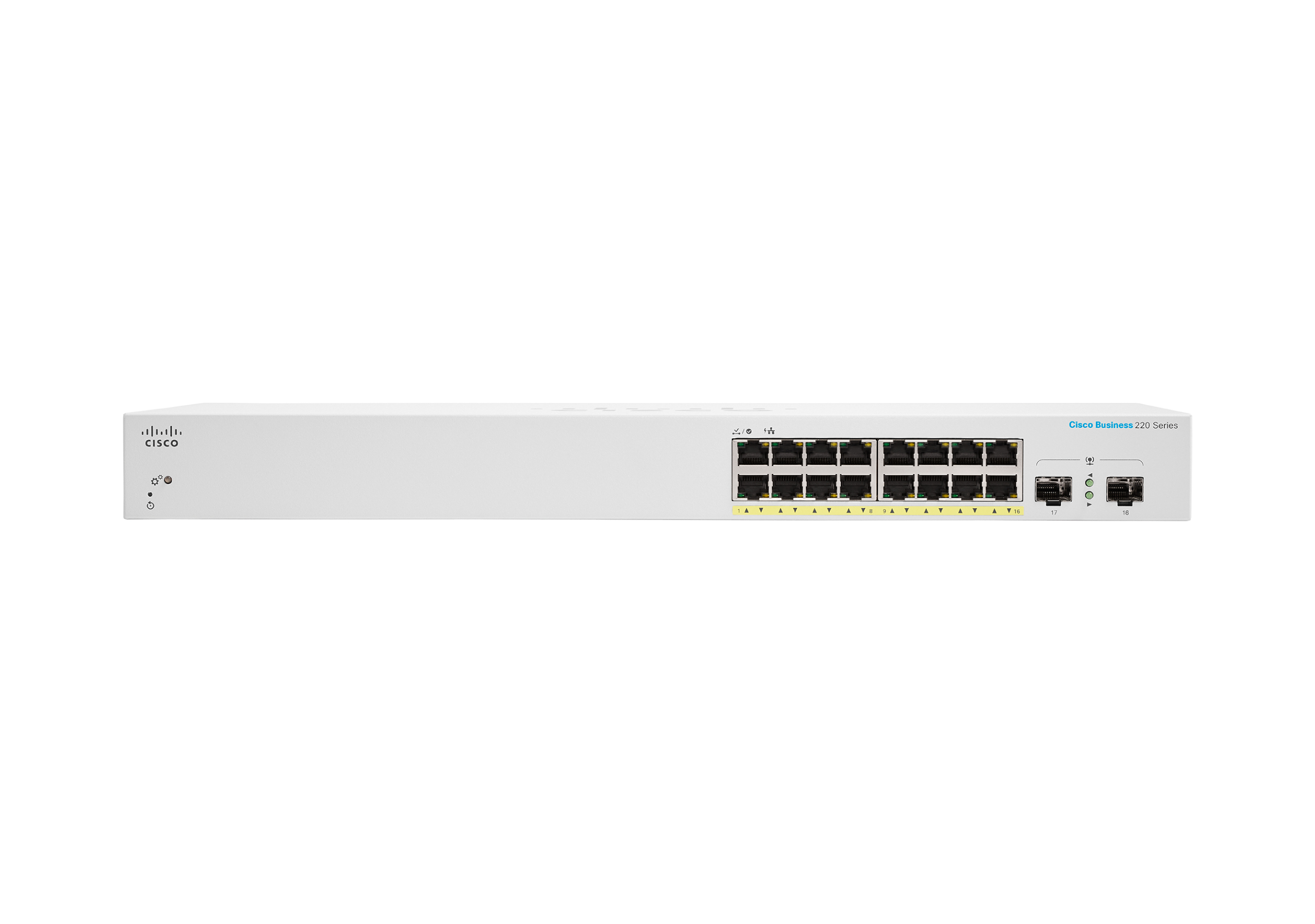 Switch Ethernet Cisco bianco, porte frontali, sfondo bianco.