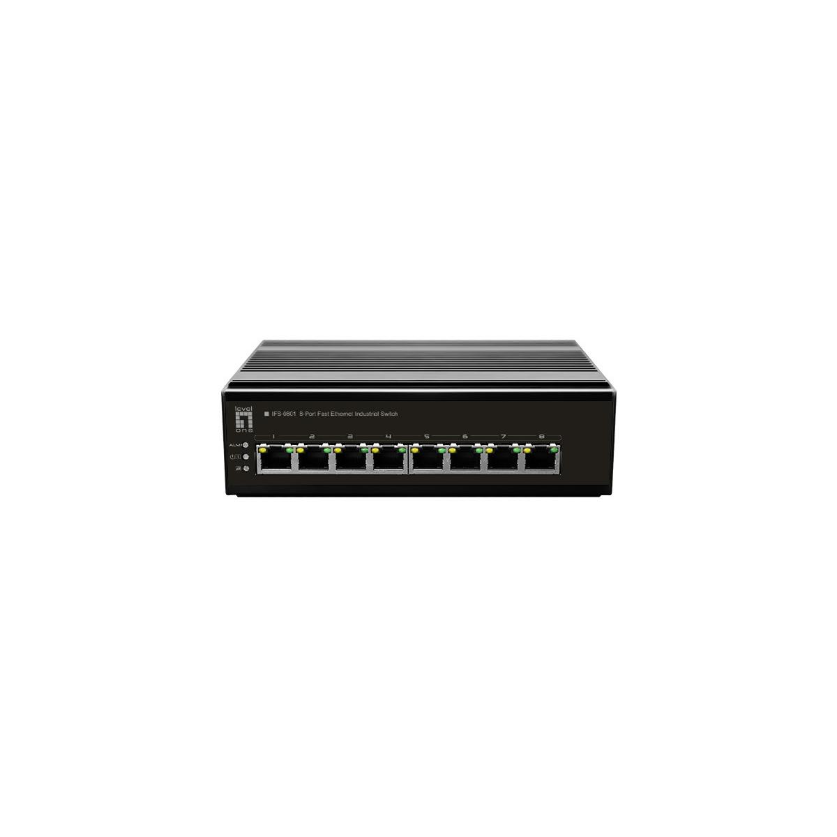 Ein schwarzer Netzwerk-Switch mit Anschlüssen wird gezeigt. Es ist auf weißem Hintergrund.