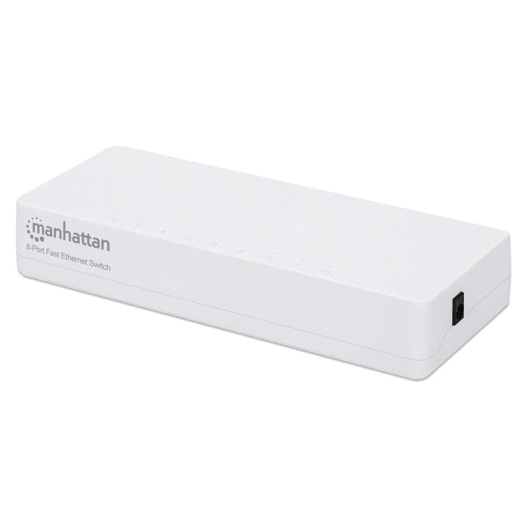 Switch Ethernet Fast 8 porte Manhattan bianco. Vista frontale con logo e indicatori di porta.