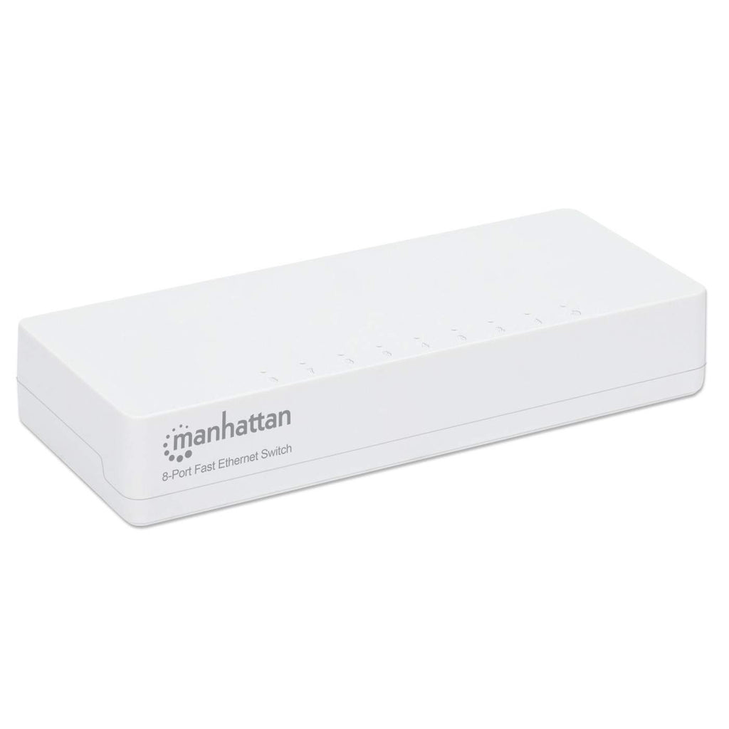 Uno switch Ethernet Fast a 8 porte Manhattan bianco. Porte frontali, sfondo bianco.