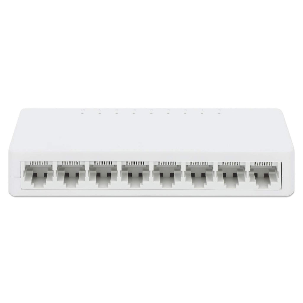 Switch di rete bianco con 8 porte. Le porte sono sul davanti. Nessun marchio visibile.
