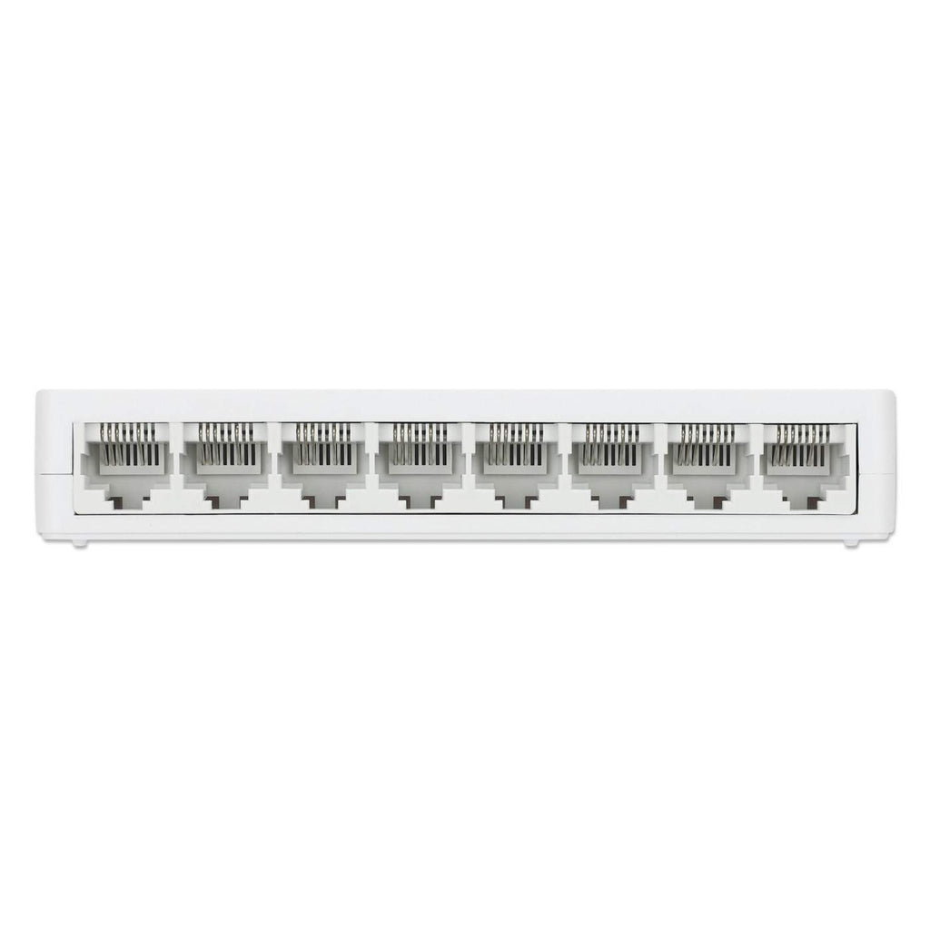 Switch di rete bianco con otto porte RJ45, vista angolata, sfondo bianco.