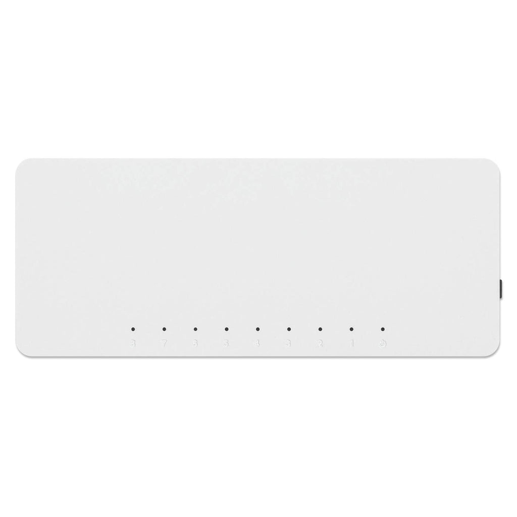 Switch bianco a 8 porte con 8 luci ed etichette, su sfondo bianco, vista dall'alto.