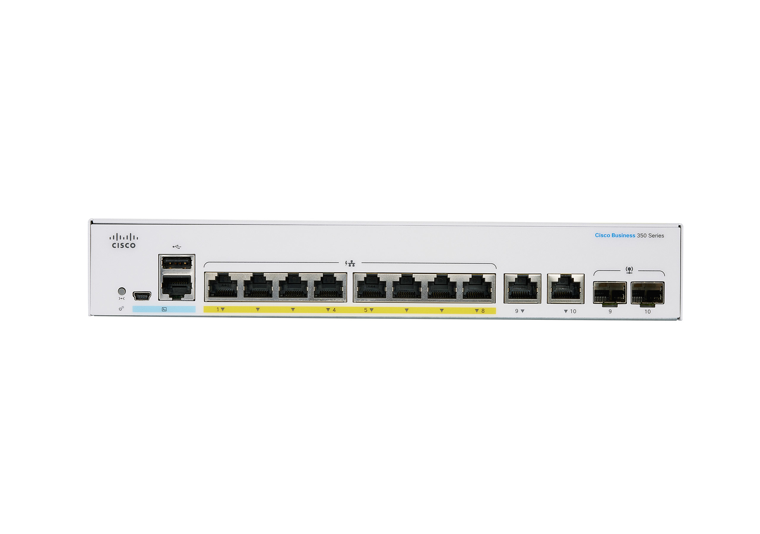 Weißer Cisco-Switch mit mehreren Anschlüssen, einem Netzschalter und dem Text Cisco Business 200 Series.