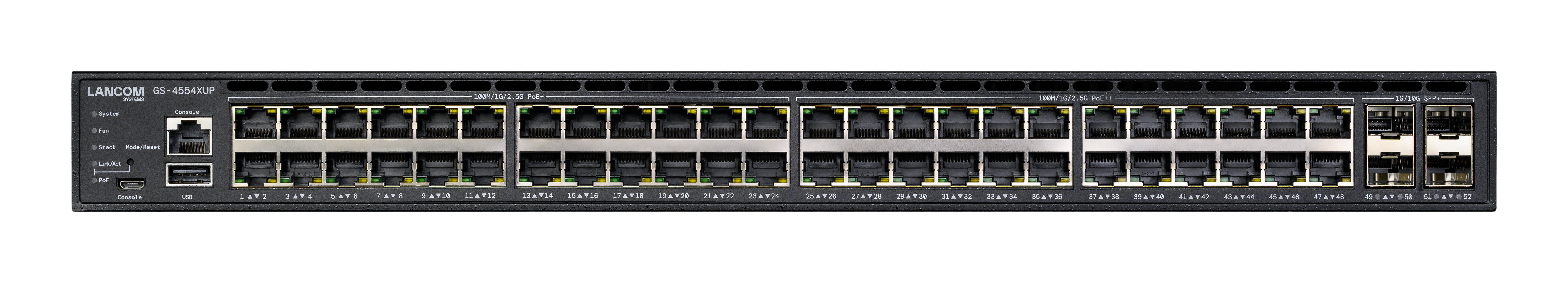 Switch LANCOM GS-4530XP nero con numerose porte, su sfondo bianco.